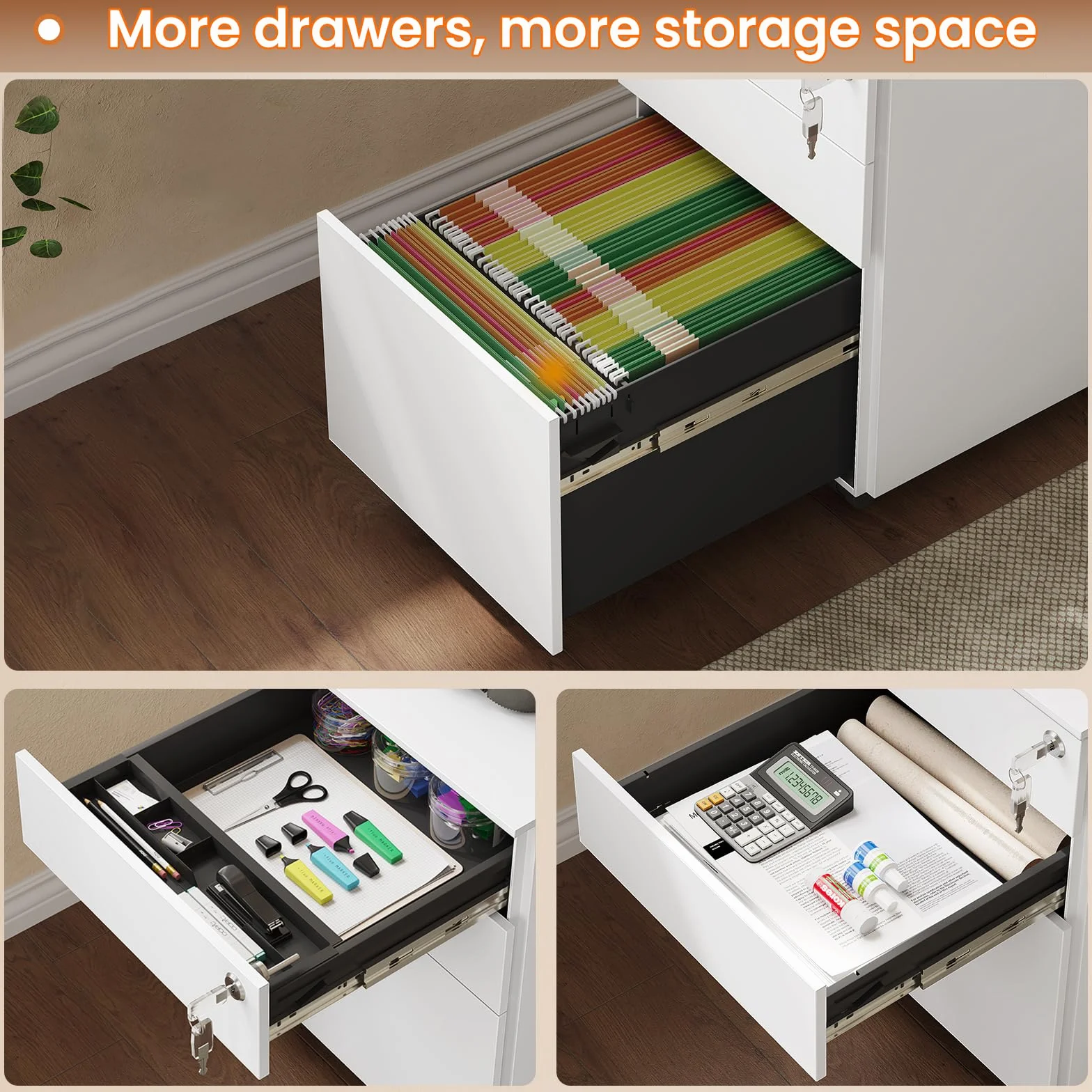 KIMENICH Cajonera Oficina Armario archivador con Ruedas para Debajo del Escritorio, con 3 cajones, 5 Ruedas, premontado, con Cerradura, Armario de Metal con archivador, para Archivos,Mueble Impresora