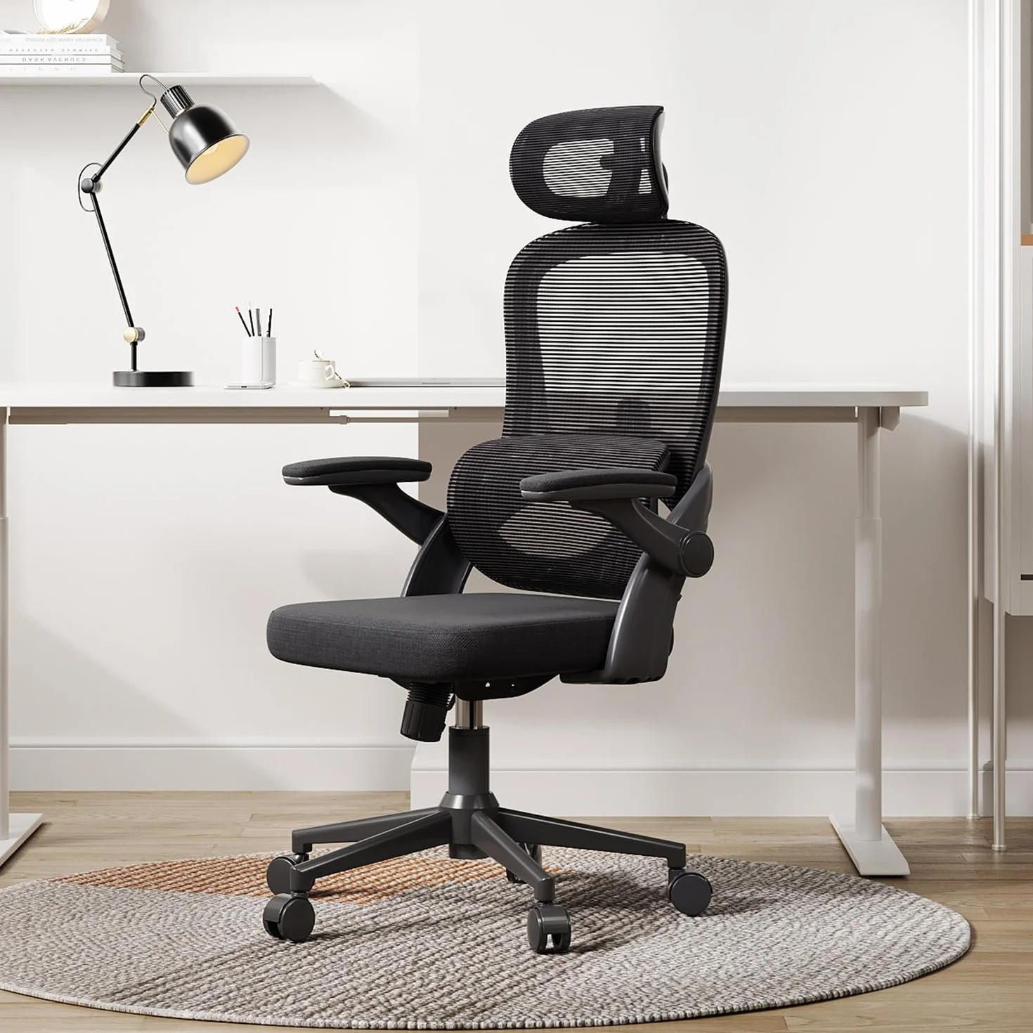 SIHOO M102C Silla ergonomica Escritorio, Silla de Oficina Grande y Alta con reposabrazos Plegables, Soporte Lumbar Ajustable Silla Escritorio, Silla Oficina ergonómica para Uso doméstico - Negro