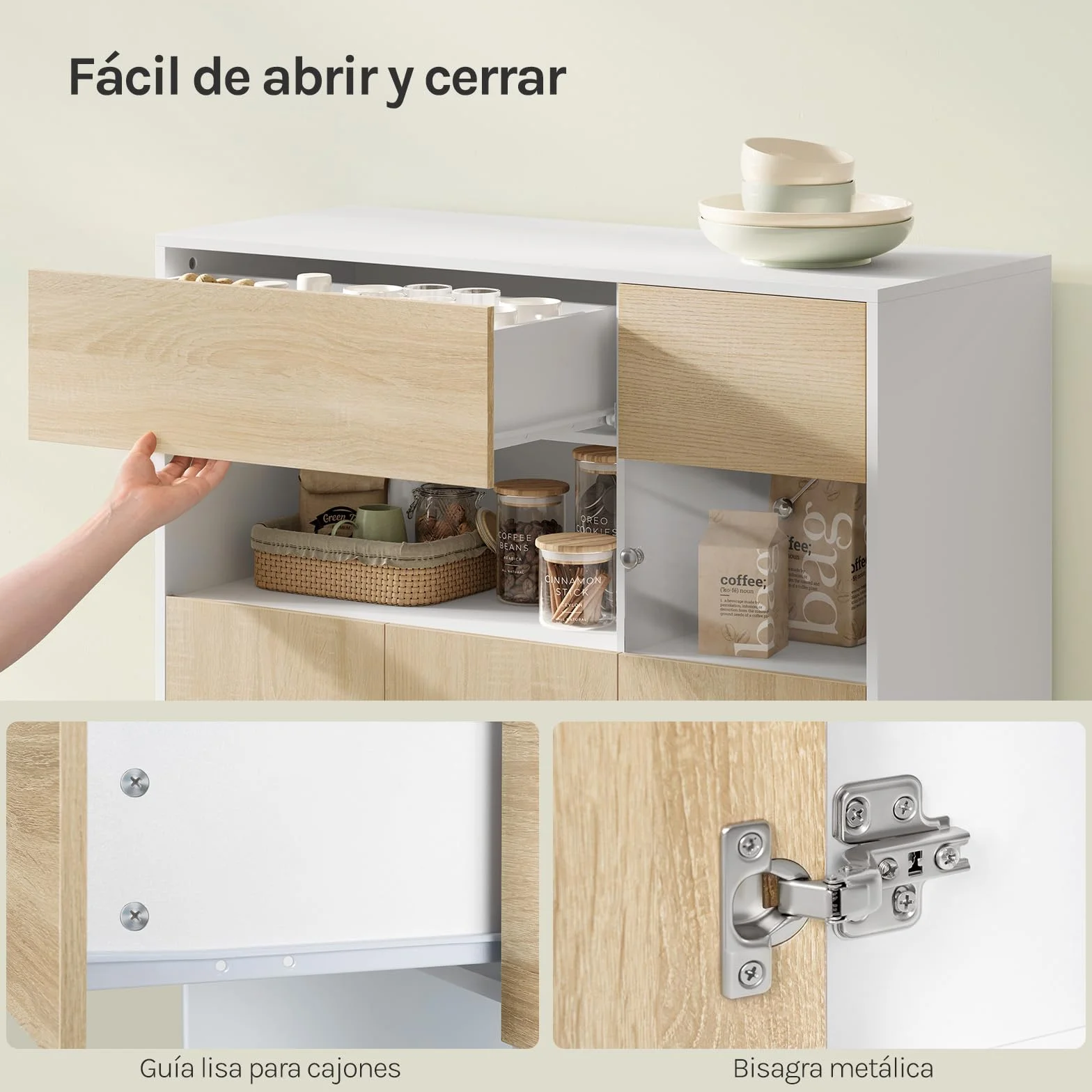 WOLTU Aparador Cocina, Buffet Cocina con Cajones, Zona Abierta y Puerta Transparente, Mueble Auxiliar para Comedor, Salón y Cocina, 100x40x80 cm, Roble Claro+Blanco
