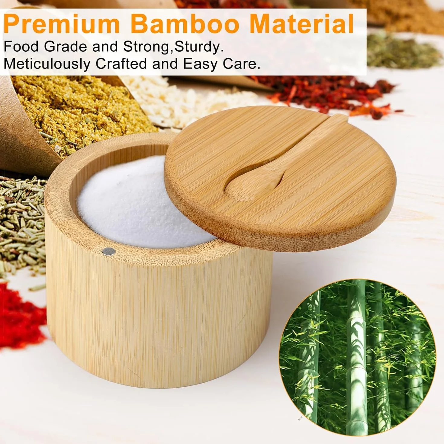 2 Salero para Cocina Bambú, Wood Salt Cellar Bowl Box, Recipiente para Sal de Cocina, Wooden Salt Box, con Tapa Giratoria & Cuchara, para Sal, Especias (9 x 9 x 7 cm)