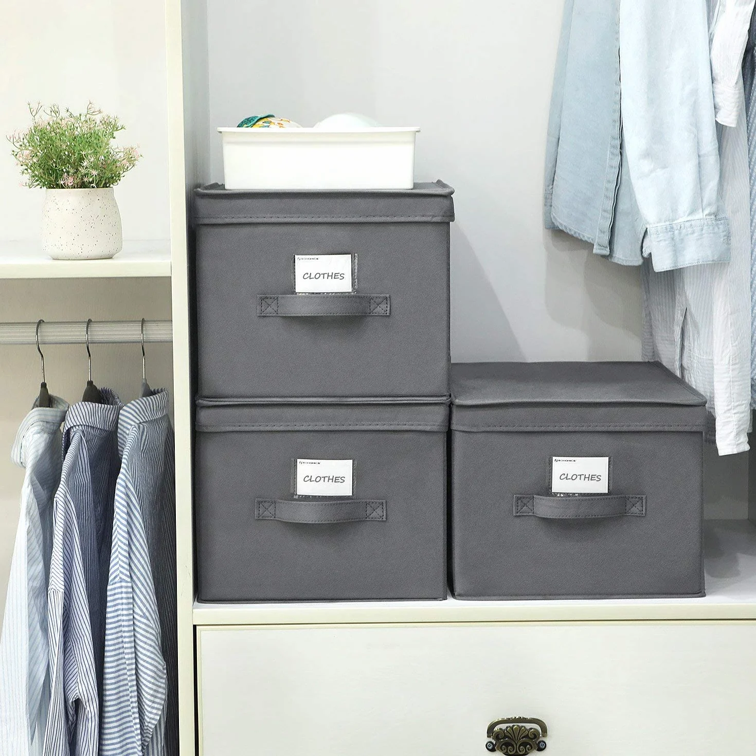 SONGMICS Juego de 3 cajas de almacenamiento plegables con tapas, cubo de tela mon-tejida, 40 x 30 x 25 cm, gris