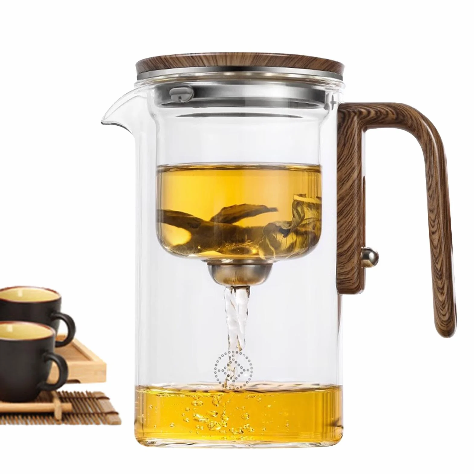 de vidrio, infusor de té de vidrio con infusor | Jarra transparente resistente al calor con mango de madera | Hervidor de té a prueba de fugas para apartamento, lugar de trabajo
