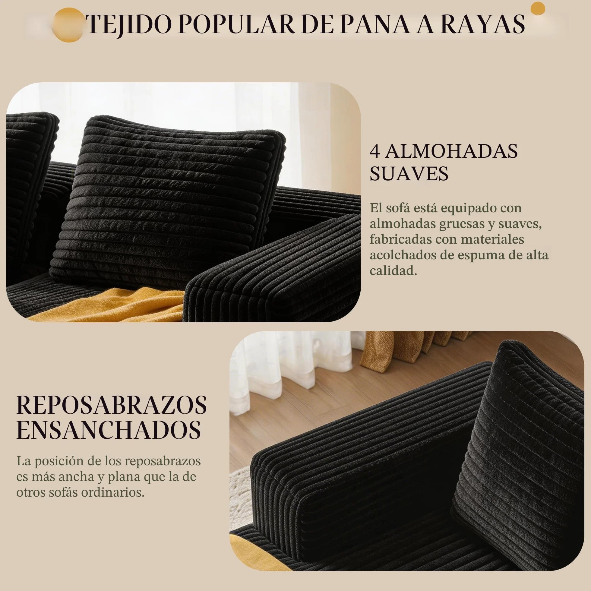 Sapgaks Sofá esquinero, sofá de 4 plazas, sofá de 3 plazas, sofá modular comprimido con chaise longue en forma de L, no requiere montaje (más pana negro)