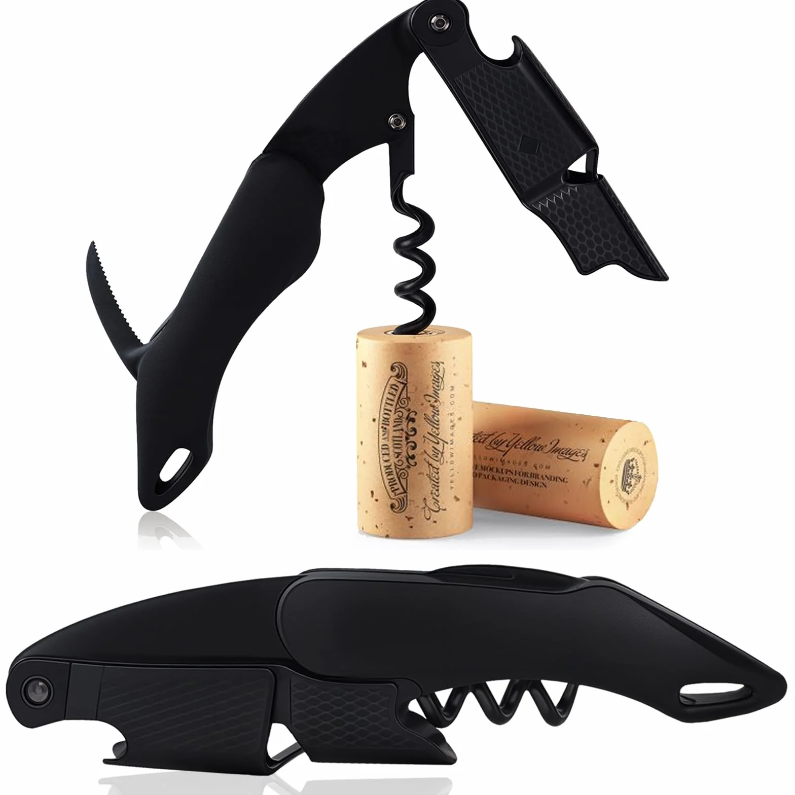 FLOW Barware Sacacorchos 3 en 1, Abrebotellas y Cortador de Aluminio, Abridor de Vino Multiusos, Negro