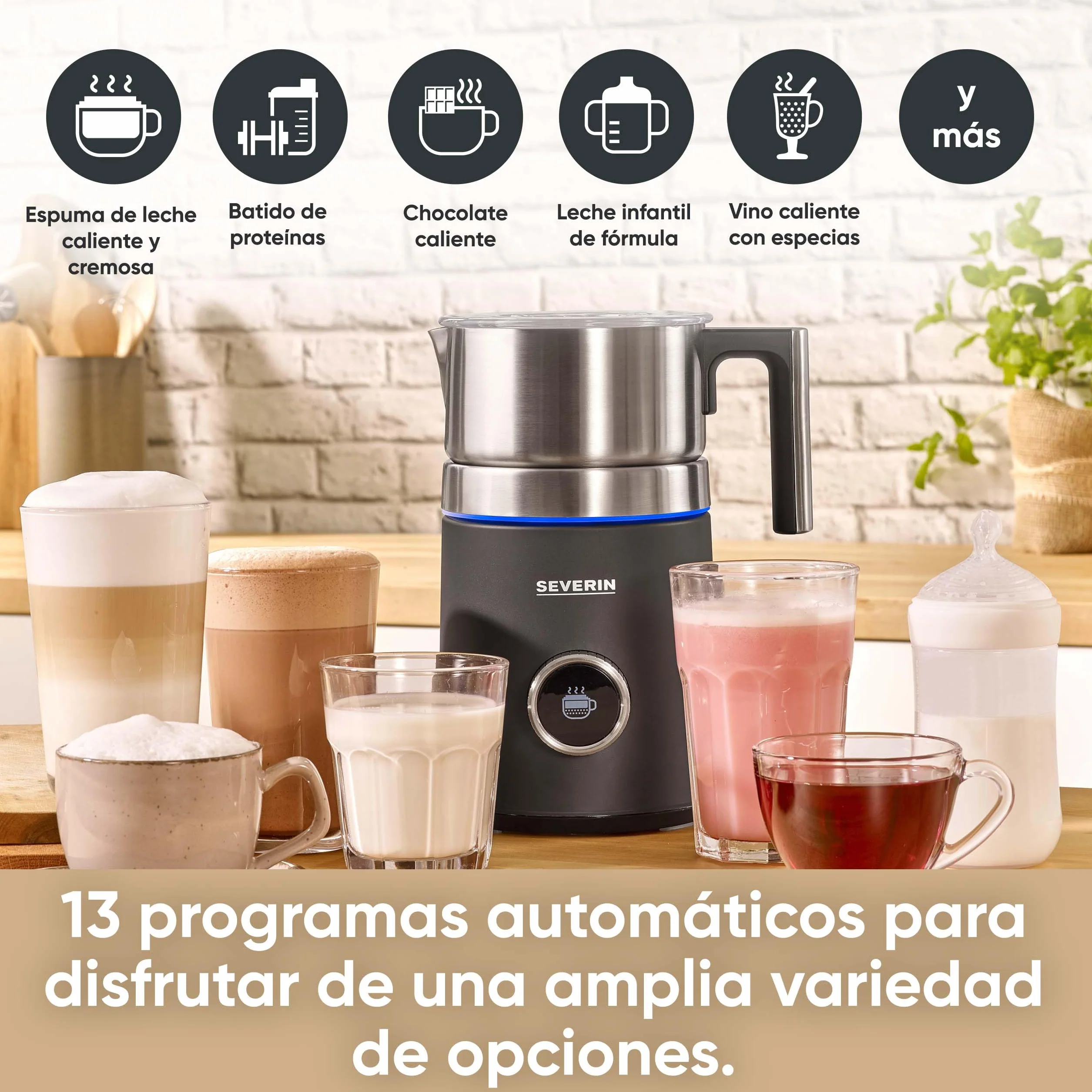 SEVERIN Espumador de leche por inducción Spuma 700 Plus, espumador eléctrico apto para el lavavajillas, bote espumador, acero inoxidable cepillado/negro mate, SM 3587