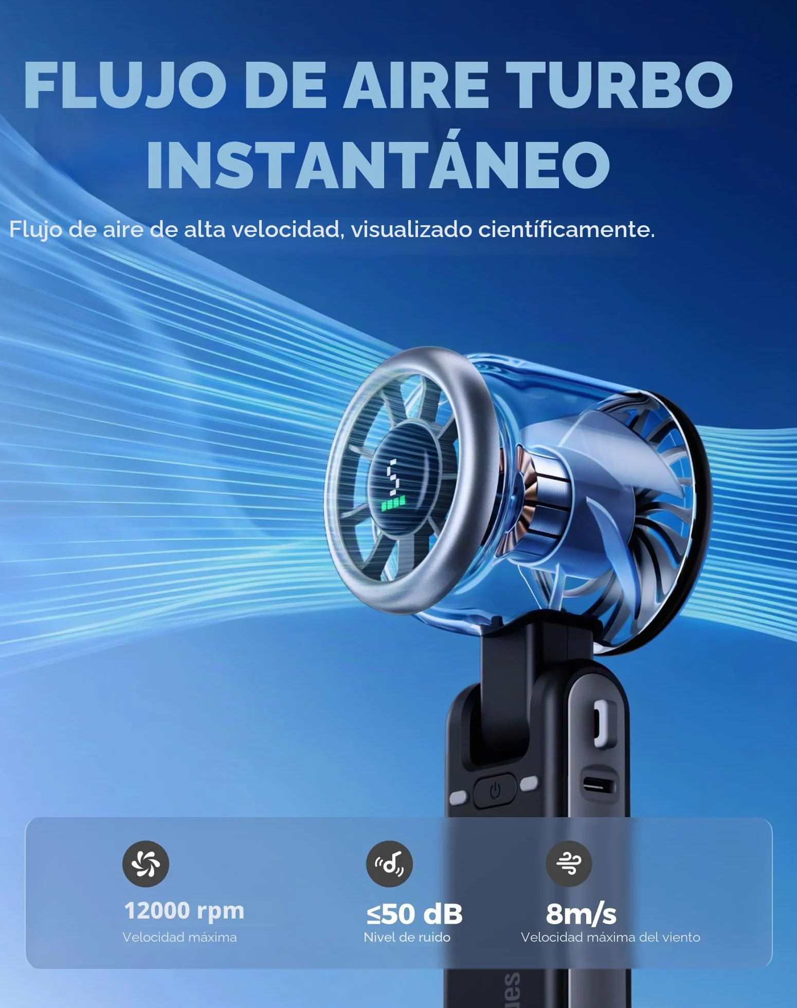 Diveblues Turbo Ventilador Portátil de Mano 10m/s 5 Velocidades Batería Recargable 12h Mini Ventilador Negro