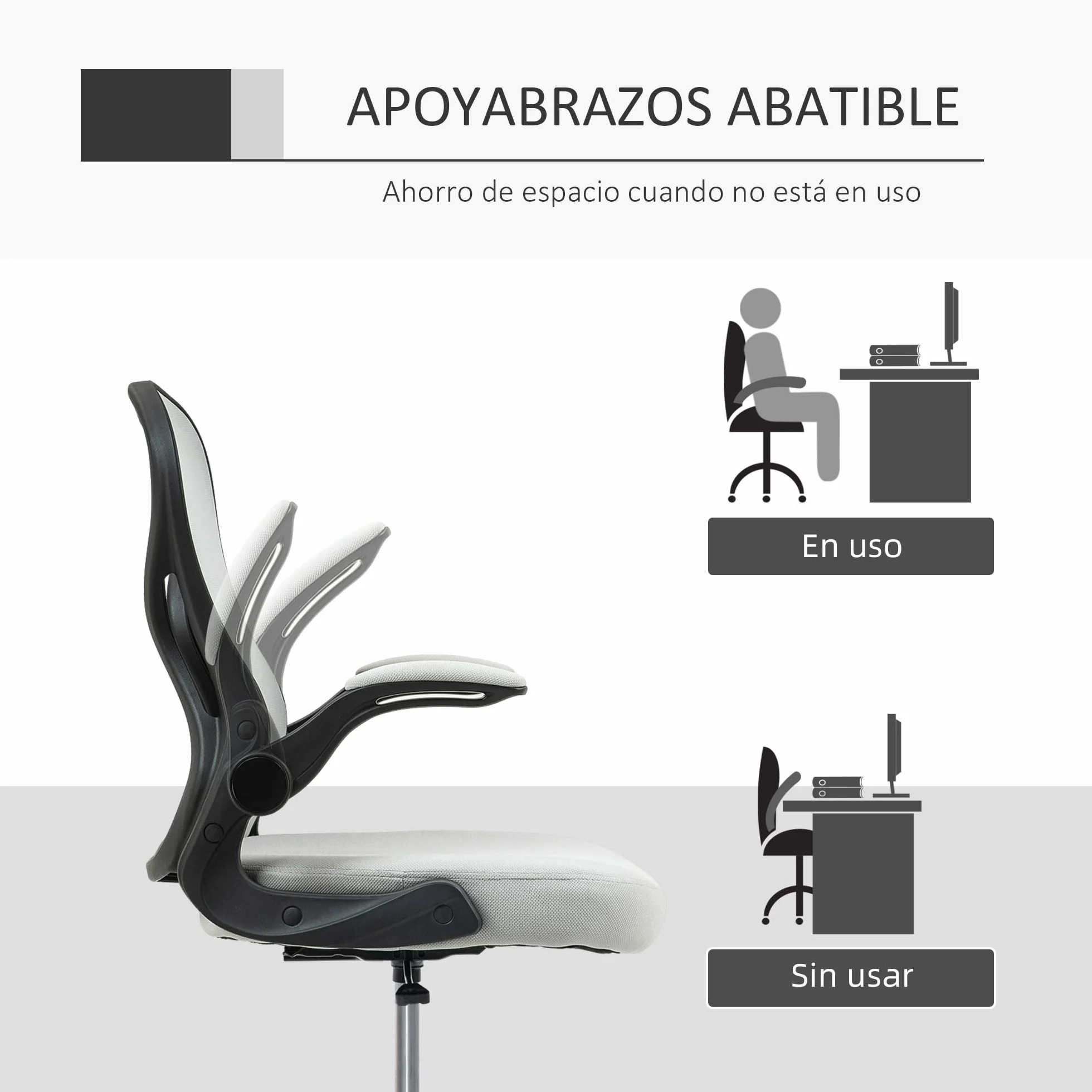 Vinsetto Silla de Dibujo Giratoria Silla de Escritorio Alta con Respaldo Medio Soporte Lumbar Reposabrazos Abatibles Altura Ajustable Carga 120 kg 59x65x102-122 cm Gris Claro