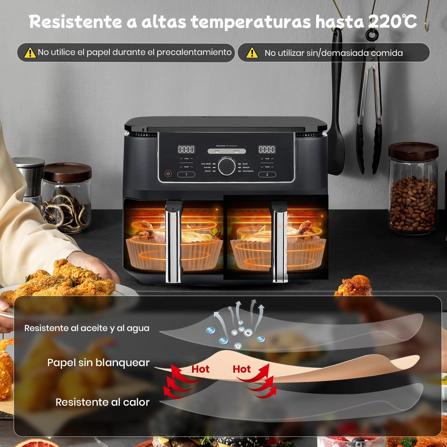 120 unidades de papel de horno para freidora de aire caliente de doble cámara, 20,5 x 14 cm, rectangular, antiadherente, papel de horno compatible con Ninja AF300EU,AF400EU,AF400EUCP Otras