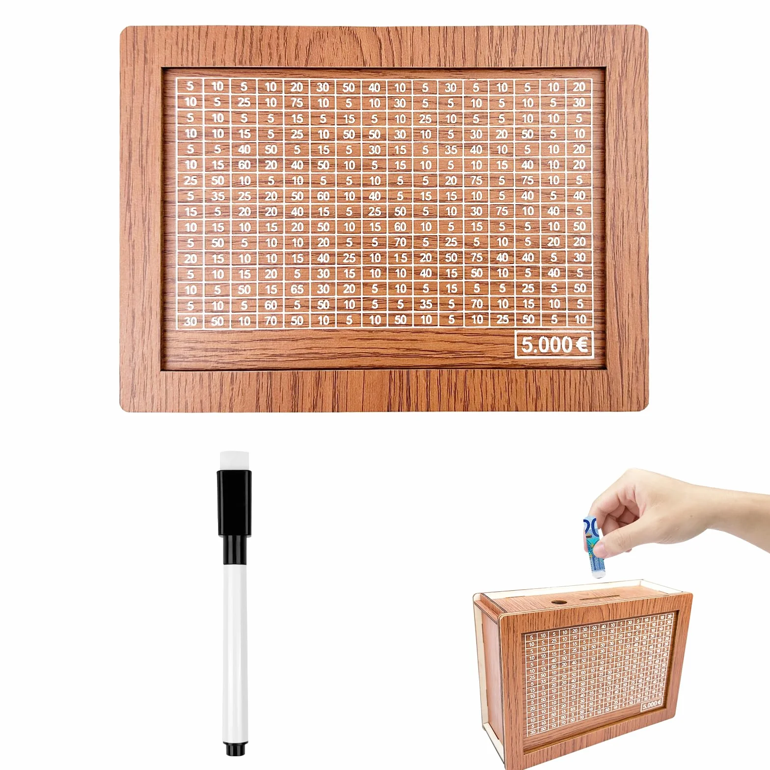 Fousenuk Hucha de Madera con Contador, Caja de Dinero con Objetivo €5000 de Ahorro y Números para Marcar, Cajas de Ahorro con Marcador para Ayudar a Los Niños a Desarrollar el Hábito de Ahorro