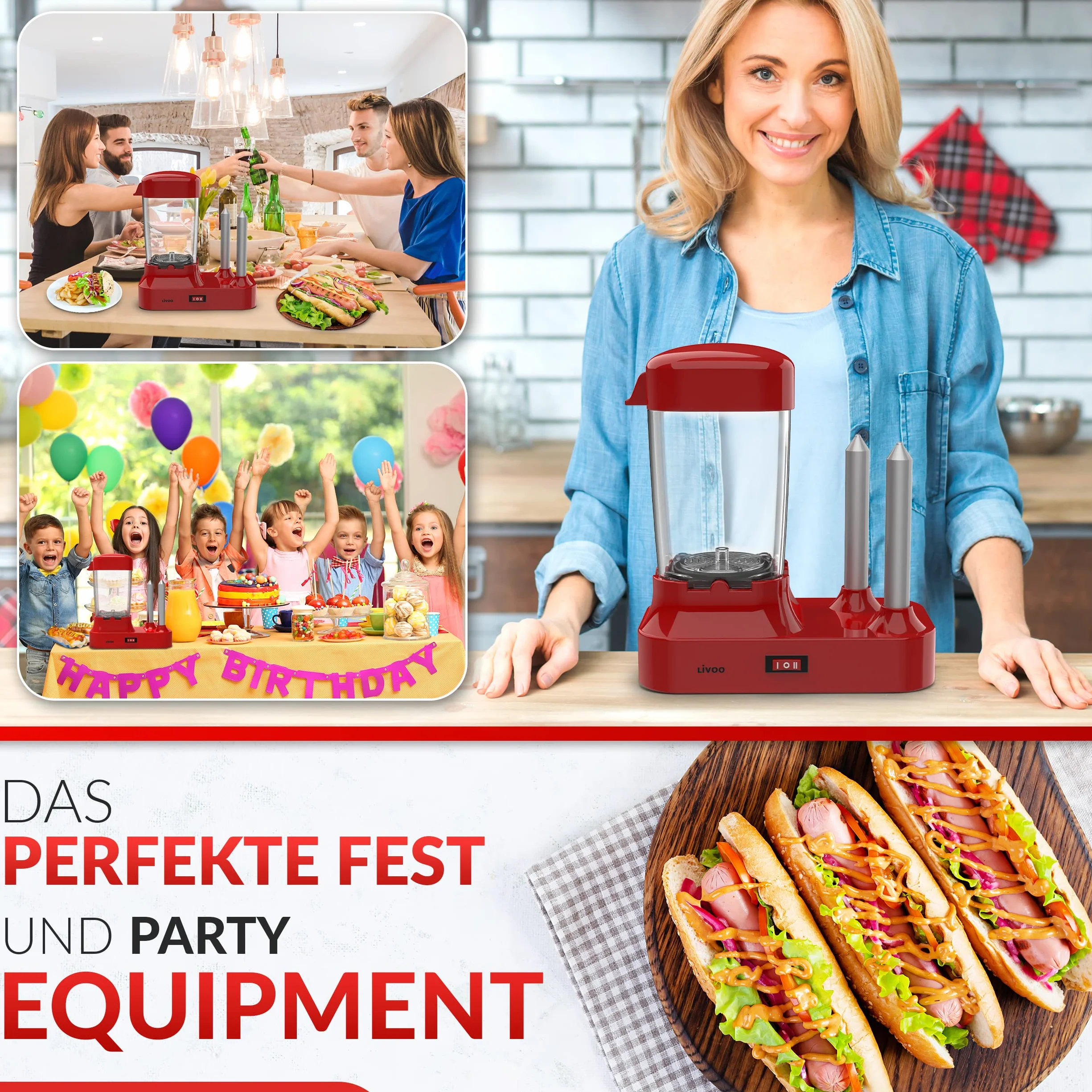 Hot Dog Maker con 2 calentadores de panecillos - Máquina para 6 salchichas - Recipiente térmico extraíble - Calentador de salchichas eléctrico con pinchos de acero inoxidable para calentar panecillos