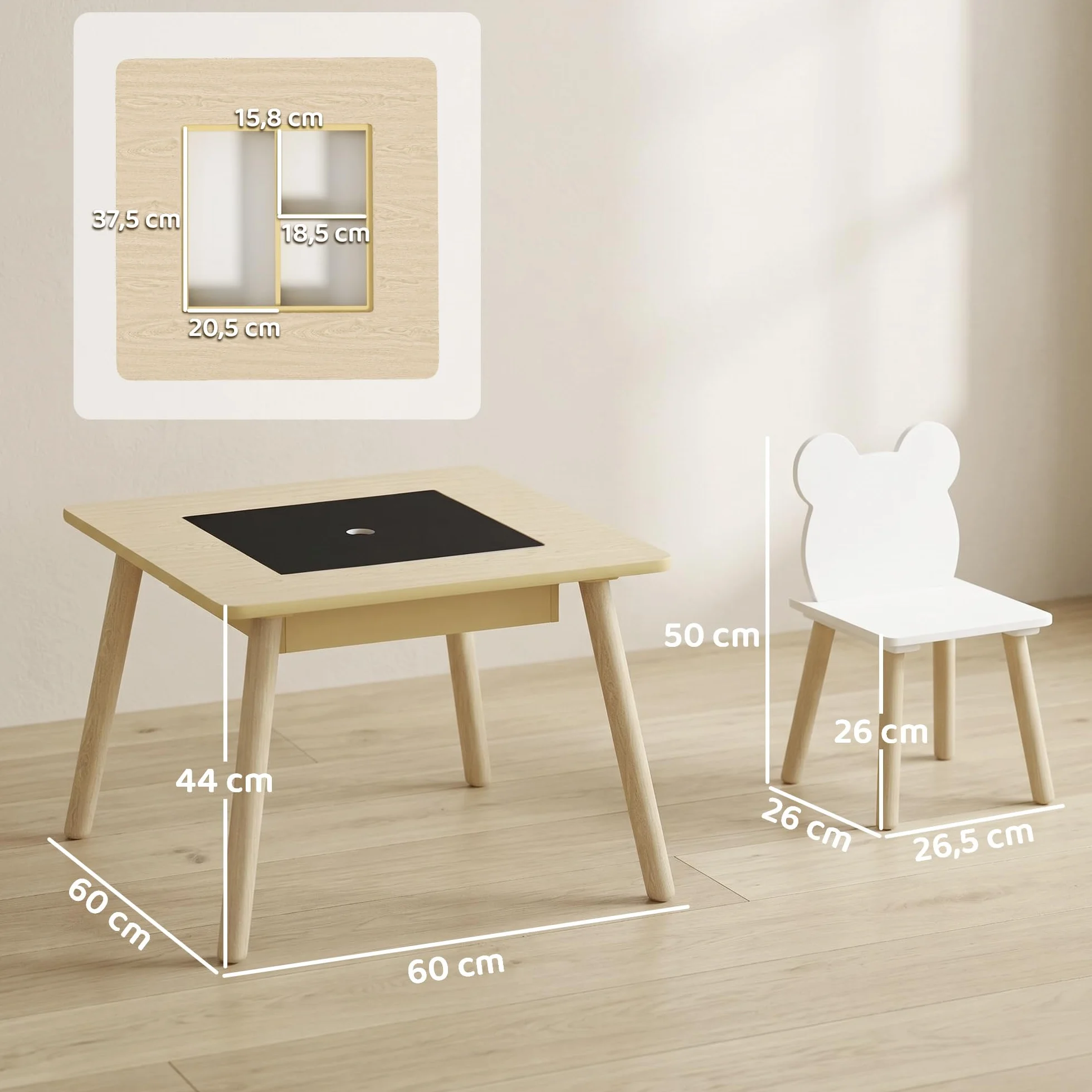 AIYAPLAY Juego de Mesa y 2 Sillas Infantiles de Madera con Pizarra, Respaldo Osito y Compartimentos, Natural y Blanco