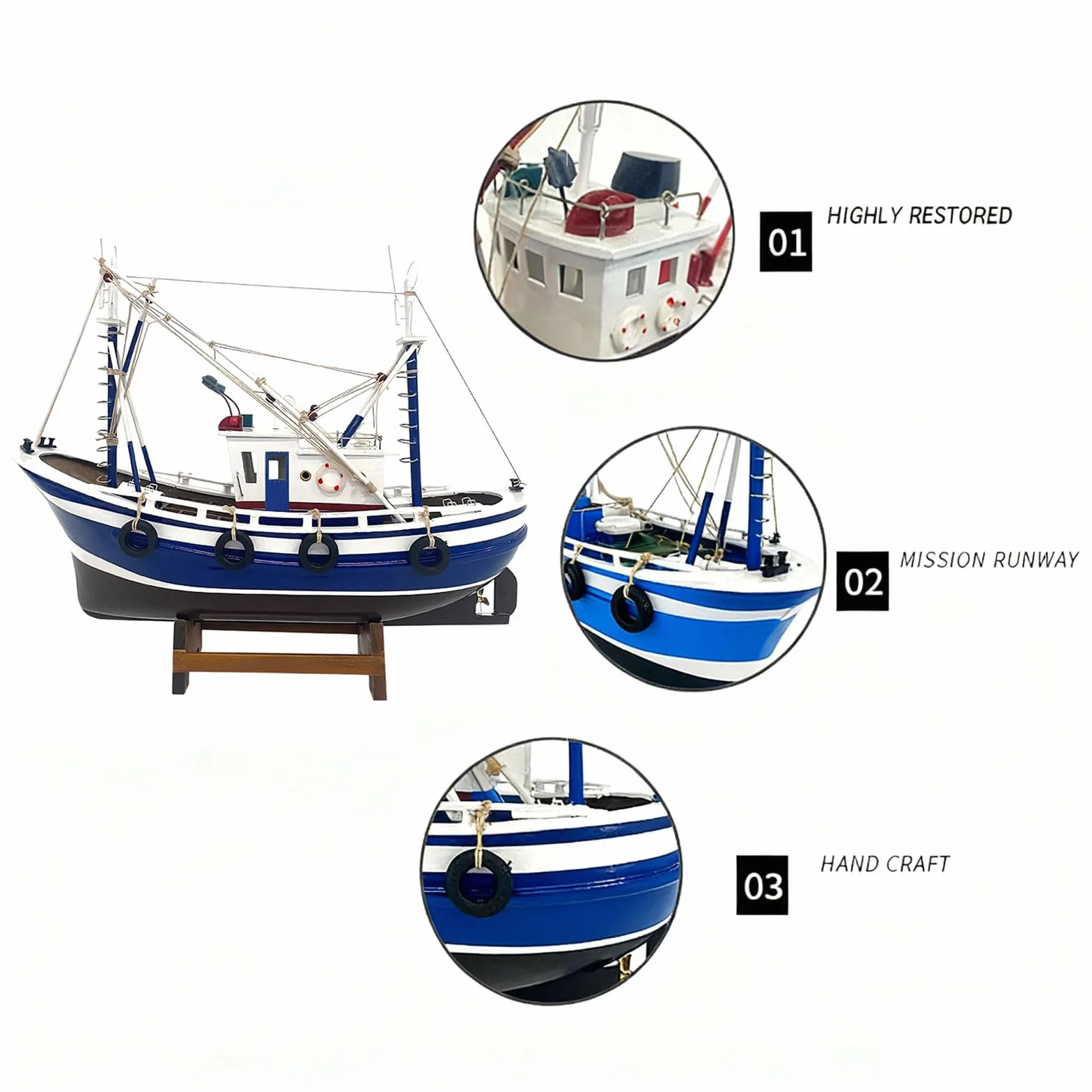YLME Modelo De Barco Modelo Terminado De Barco Pesquero Simulado Adorno De Barco Pesquero De Madera Hecho A Mano Regalo De Recuerdo para Decoración del Hogar,Azul