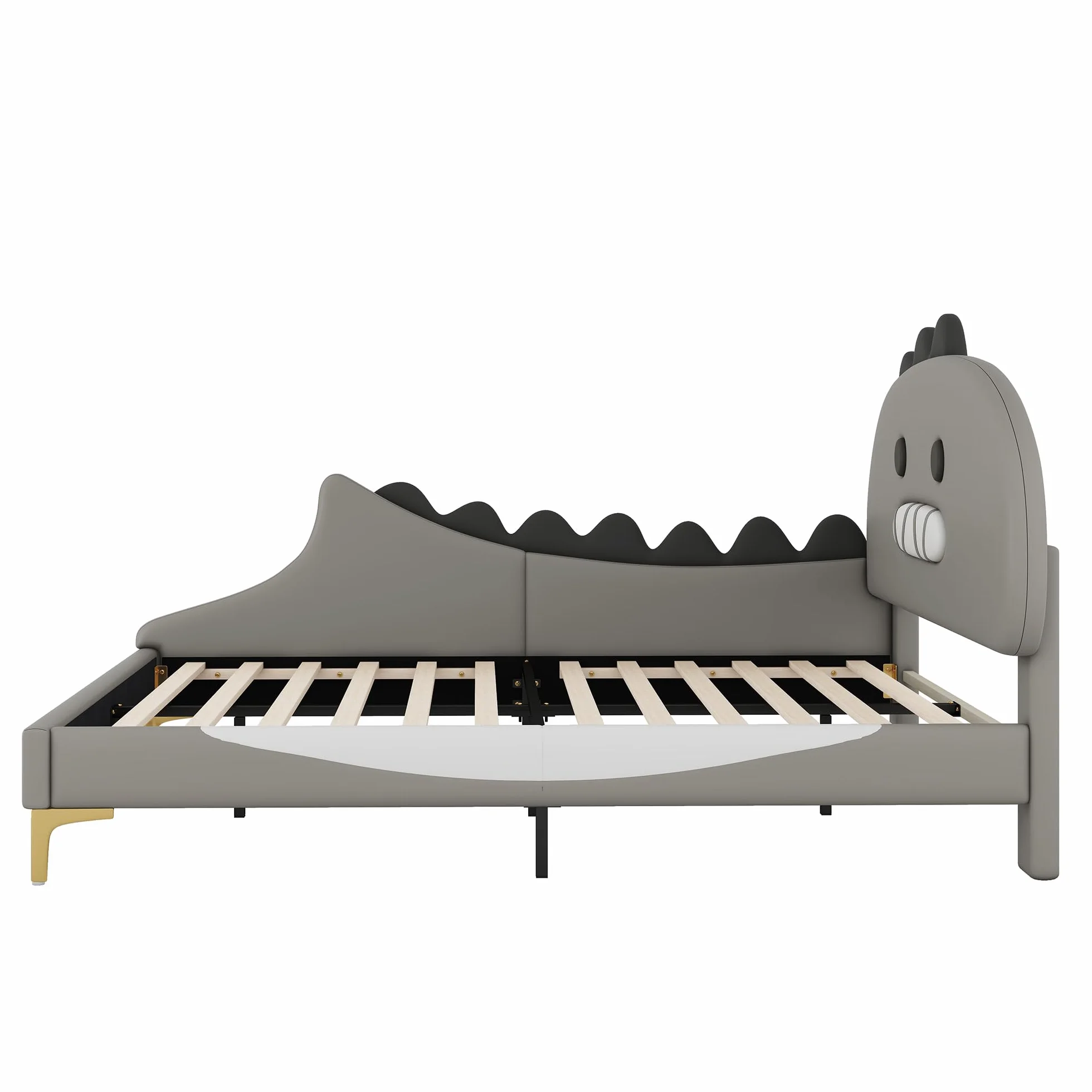 Cama infantil de 140 x 200 cm, diseño de dinosaurio, cama plana, material de poliuretano, color gris