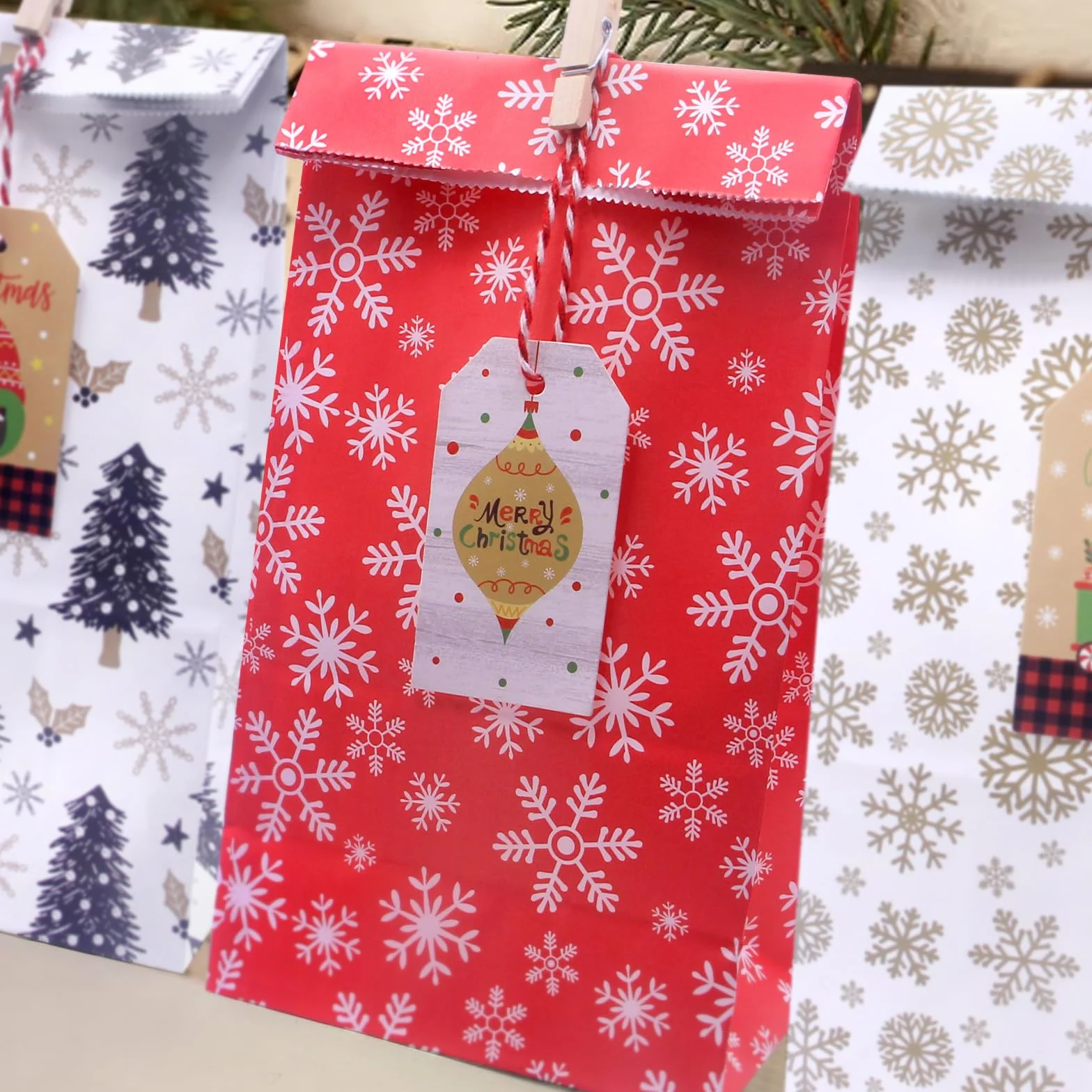 Calendario Adviento para Rellenar 2024, 24 Piezas, DIY Bolsas Navideñas de Papel con Cuerda y Números Adhesivos