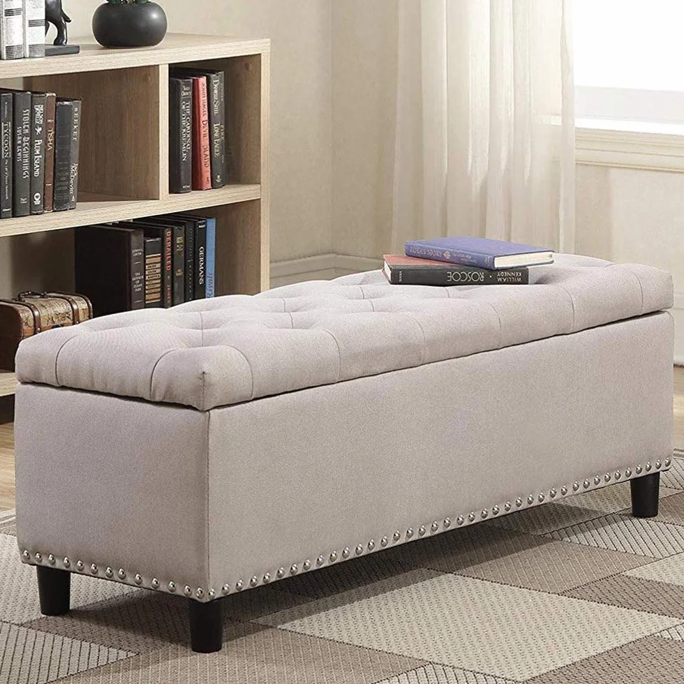 Bakaji - Baúl de almacenaje con reposapiés para Dormitorio, Banco con Estructura de Madera y Revestimiento de Tela, Asiento abatible Acolchado, Color Beige, Dimensiones: 121 x 42 x 43 cm.