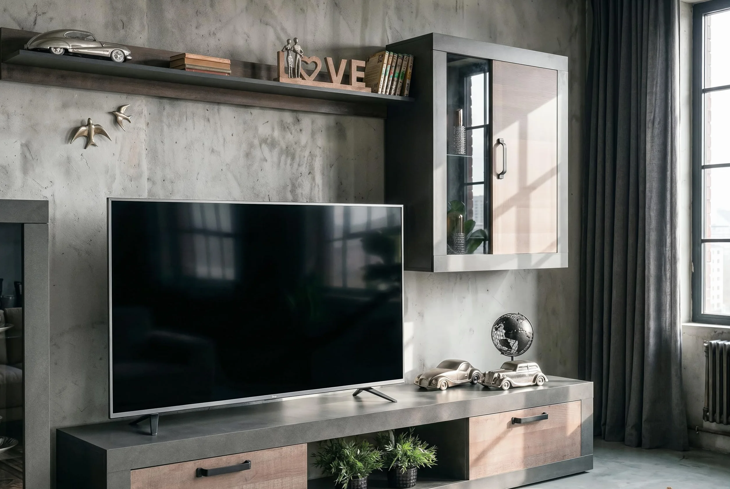 Homely - Mueble de Salón Modular Duke | Conjunto 4 Muebles 300 cm. | Muebles Salón Completo | Mueble para Televisión + Mueble Bajo + Mueble Alto + Estantería Alta | Color Nogal y Grafito