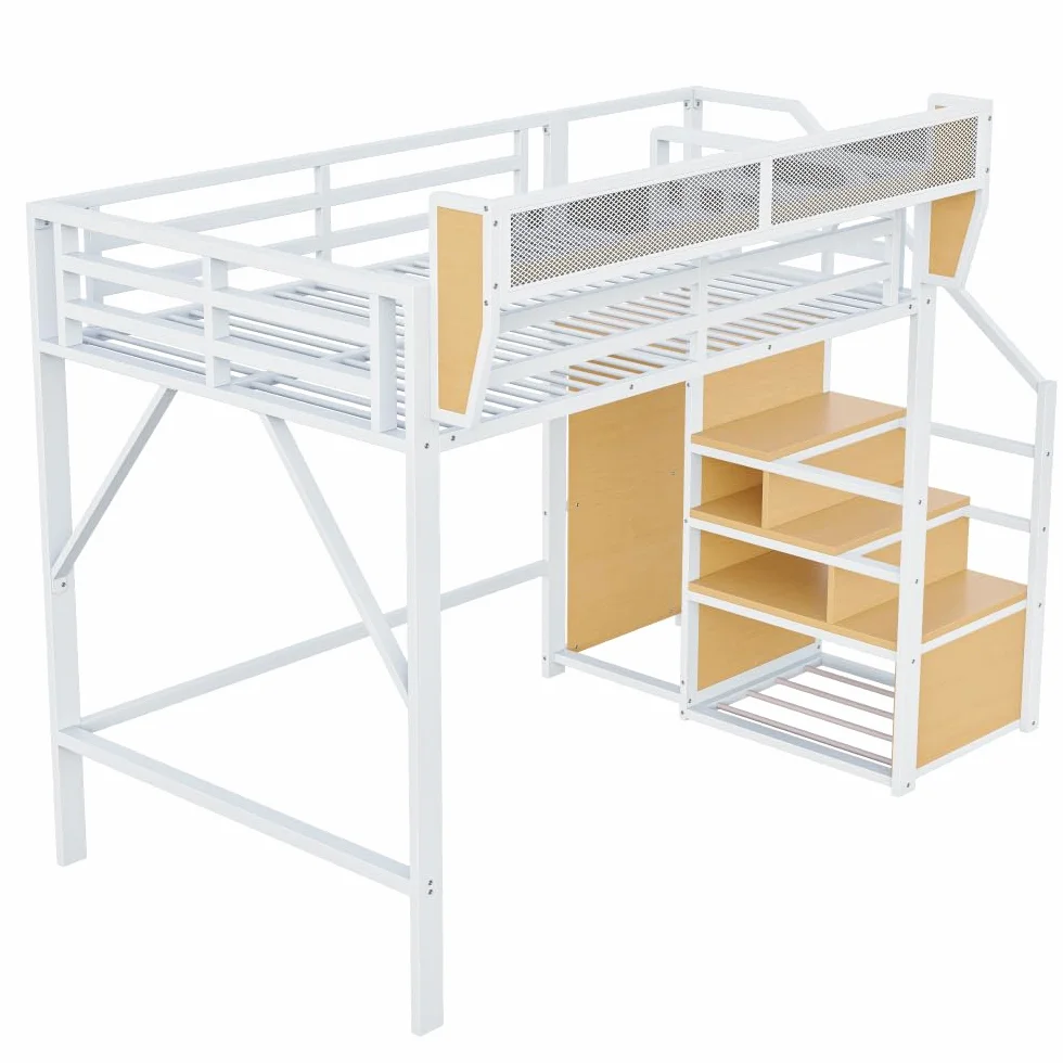 Cama alta de 140 x 200 cm con estructura de metal, cama de matrimonio de 140 x 200 cm con escalera de seguridad y compartimento contenedor flexible, cama para niños, sin colchón, color blanco