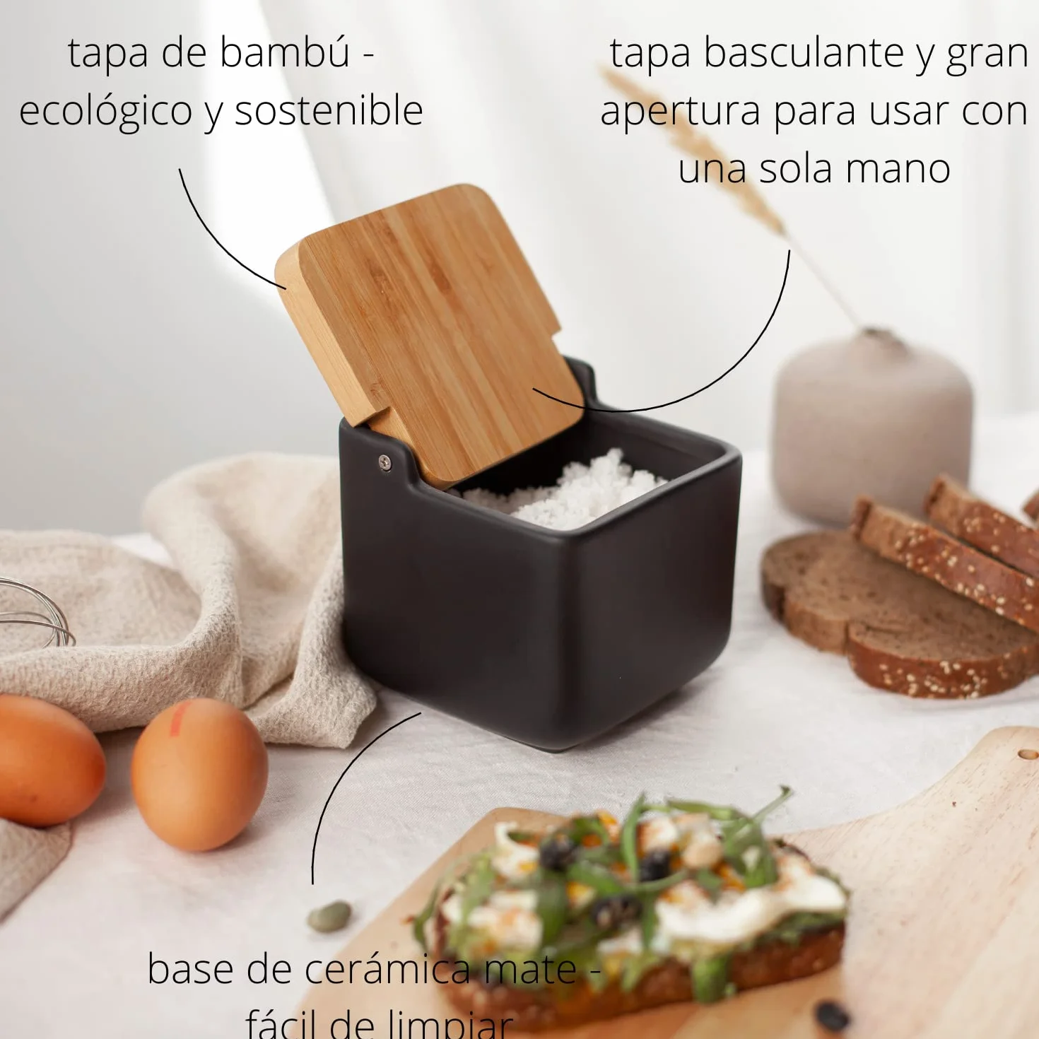 Juego de Accesorios de Cocina | Incluye 1 x Salero de Cocina con Tapa basculante de Bambú y 1 x Dispensador de Jabón de Cocina con Hueco para Guardar el Estropajo | Negro Mate