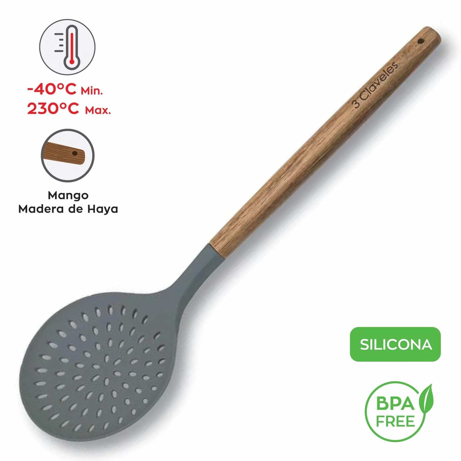 Espumadera de Madera de Haya y Silicona 33 cm BPA Free - 3 Claveles