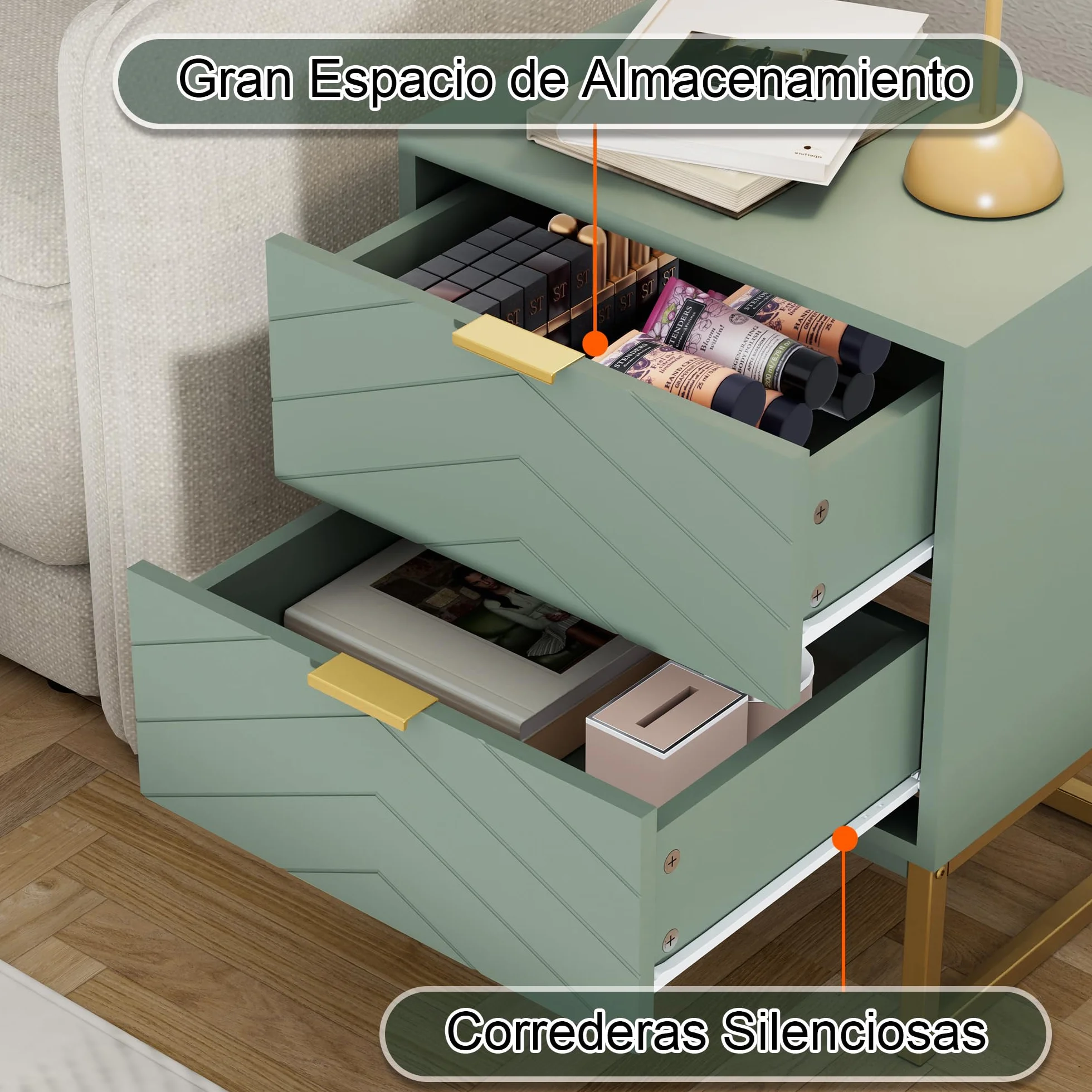 UEV Juego de 2 Mesillas de Noche con Diseño en V, Muebles de Dormitorio con Asas y Patas de Metal, Mesilla de Noche Moderna y Estable, 46 x 33,5 x 56,5 cm, Verde