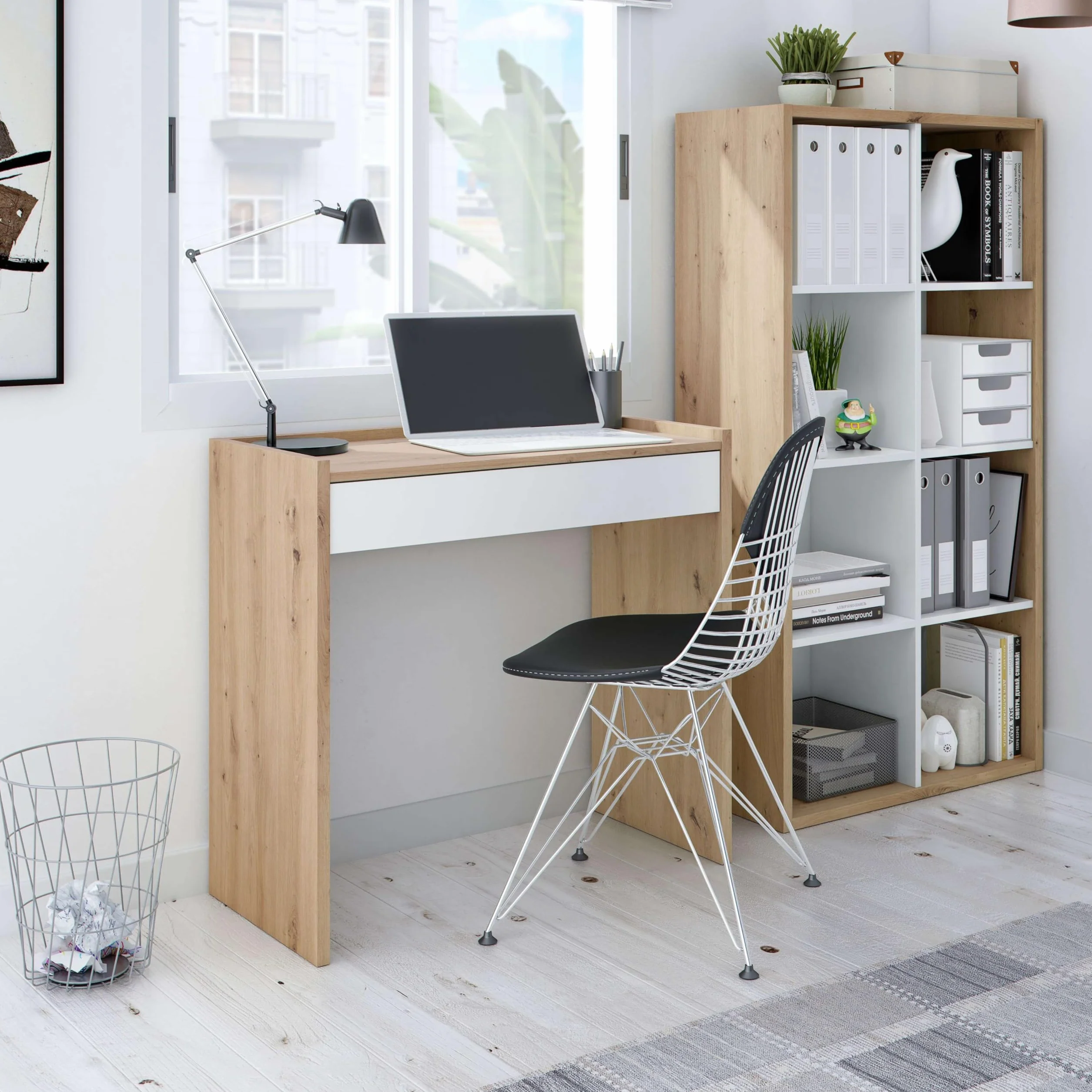 Habitdesign Mesa de Estudio Noa con Cajon 81,5x40x77cm Blanco Artik Roble Nodi