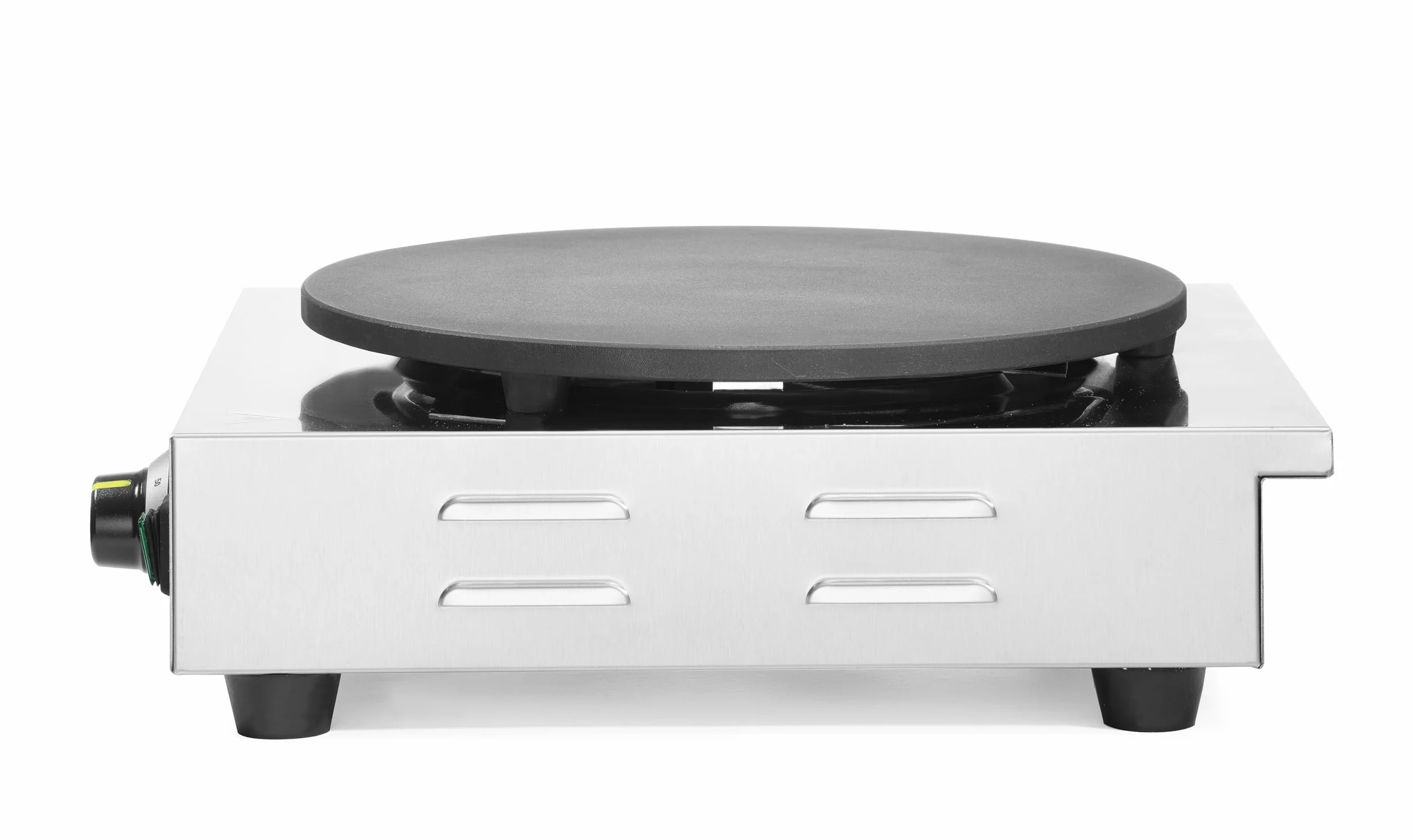 HENDI Crepera eléctrica, con esparcidor de madera,temperatura regulable 50°-250°C, placa de diámetro400mm,de hierro fundido con revestimiento cerámico, 230V, 3000W, 470x509x(H)161mm,acero inoxidable