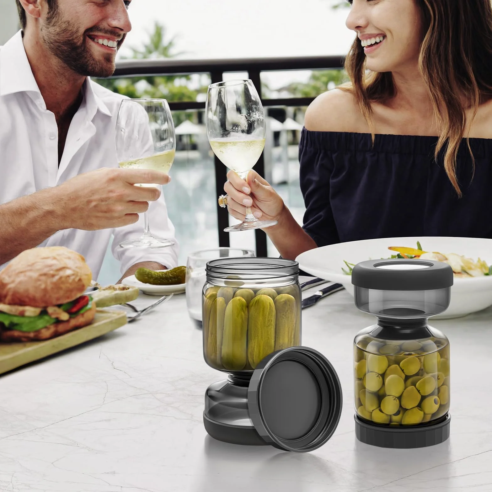WhiteRhino Tarro de pepinillos con colador Flip,1L Recipiente de para pepinillos con doble a prueba de fugas,Tarro de cristal separador de jugo de pepinillos Flip Pickle y Olive Hourglass Jar(Gris 1L)