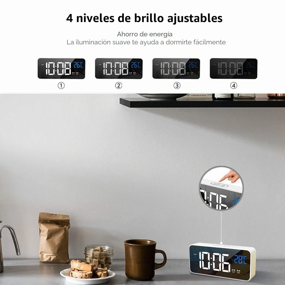 Reloj Despertador Digital LED con Pantalla de Temperatura, Alarma de Espejo Portátil, Doble Alarma, Atenuador Brillo 4 Niveles Blanco