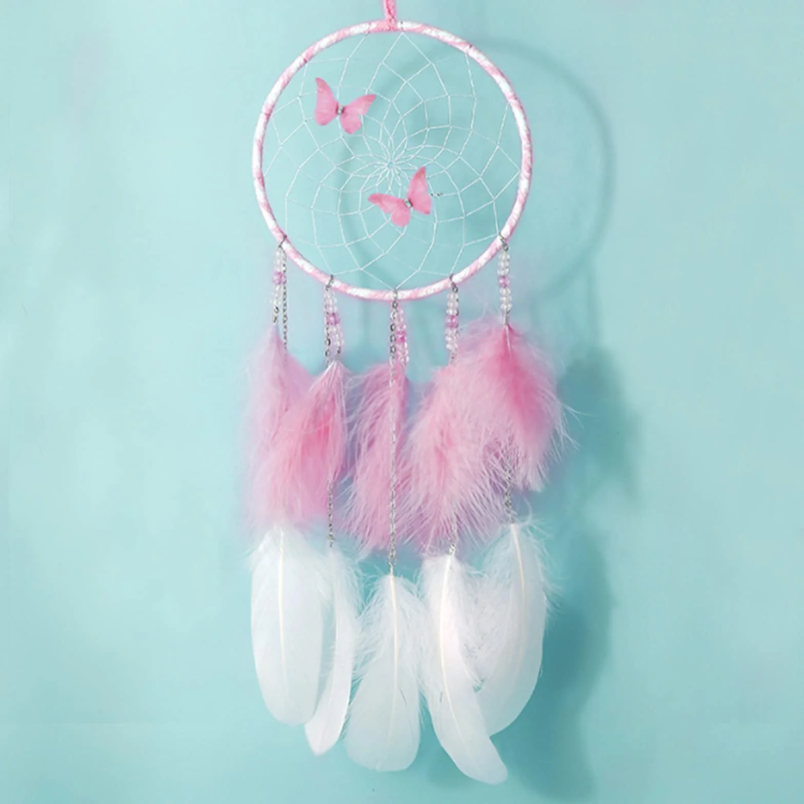EQLEF Atrapasueños Rosa, Atrapasueños de Mariposa para Colgar en la Pared, Atrapasueños de Plumas, Adorno de Red de Hadas para Decoración de Bodas y Dormitorios