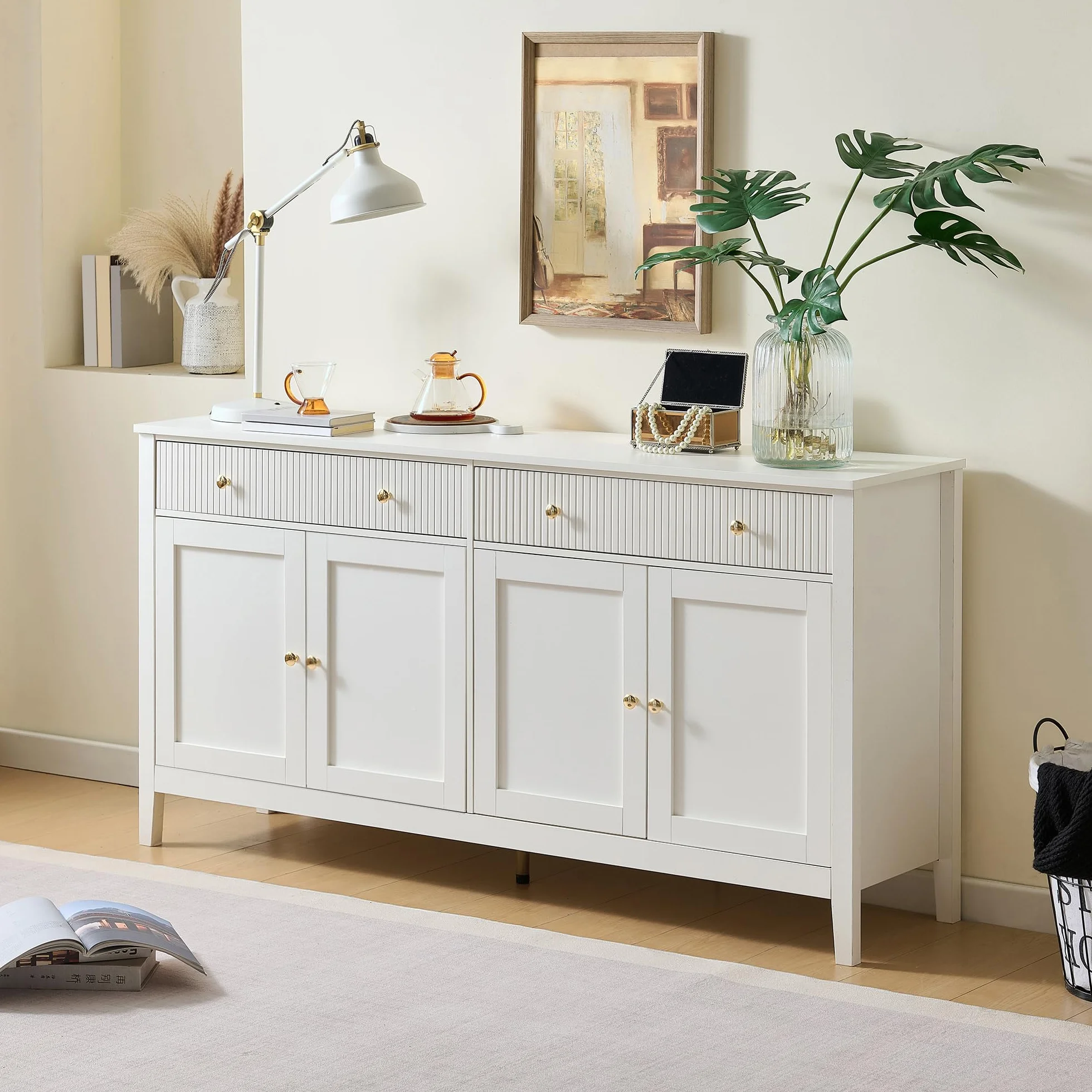 Aparador Blanco Elegante con 2 Cajones y 4 Puertas, Armario Cocina Aparadores para Salon con Estante y 5 Patas, Aparador Entrada Mueble Auxiliar Comedor, 160x40x82 cm, Blanco