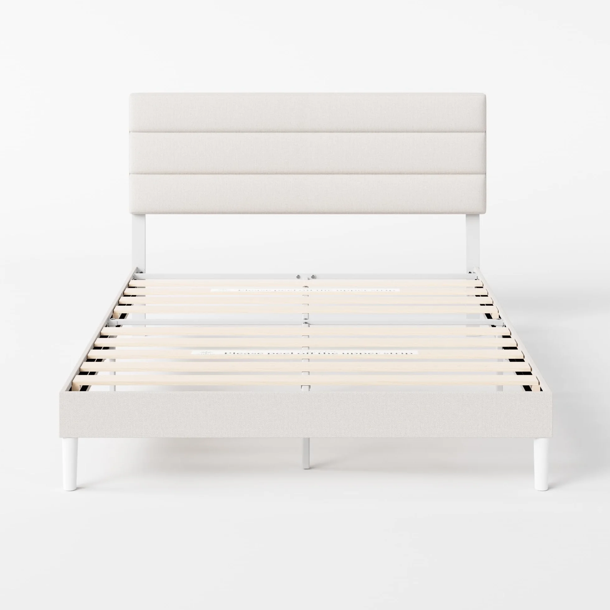 Zinus Piper Somier 135x190 cm - Altura 30 cm - Base Cama Matrimonio Tapizada con Cabecero - Láminas de Madera - Montaje Fácil- Blanco Roto