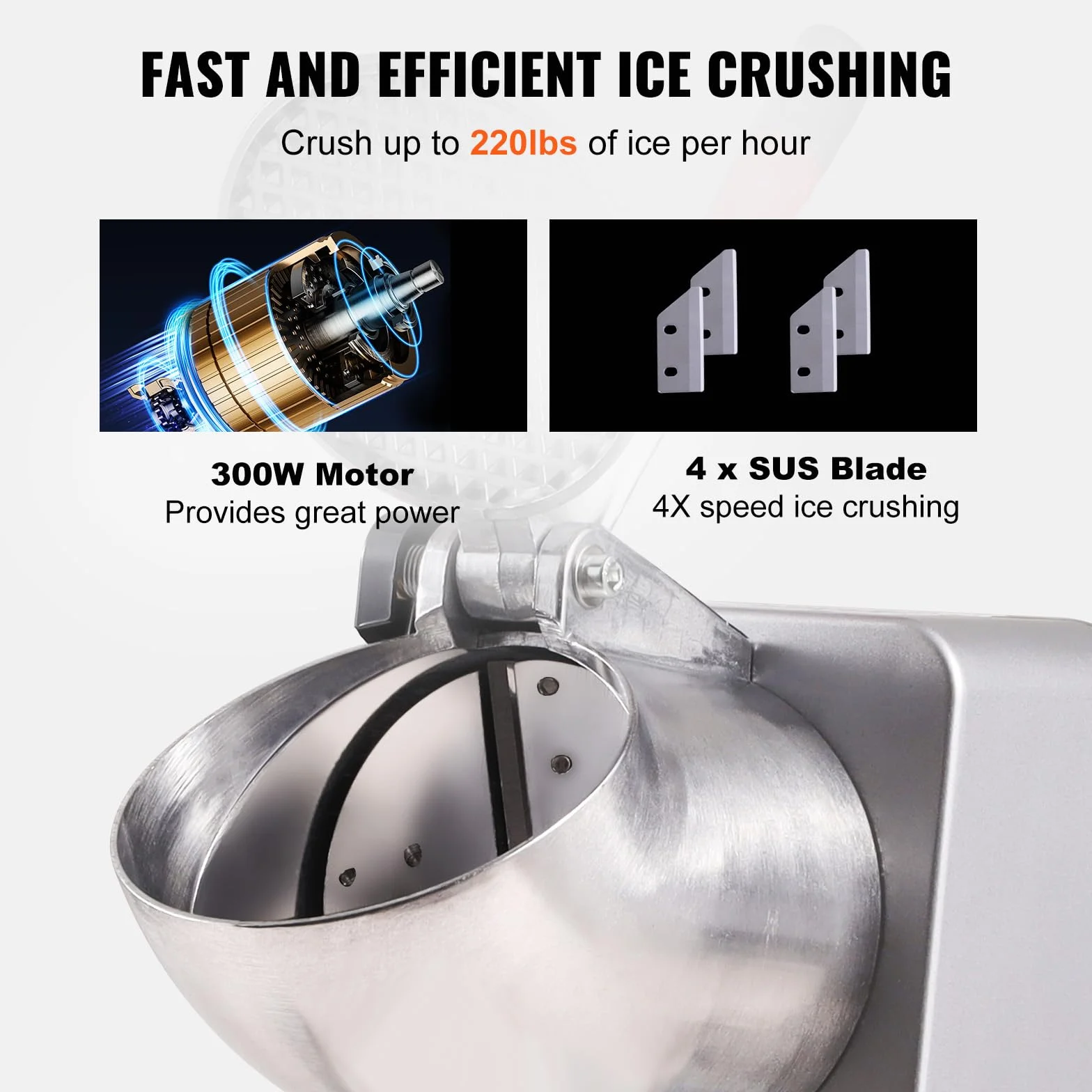 VEVOR Máquina para Picar Hielo Eléctrica 100 kg/h Picadora de Hielo Comercial 300 W Cabezal de Acero Inoxidable 4 Cuchillas