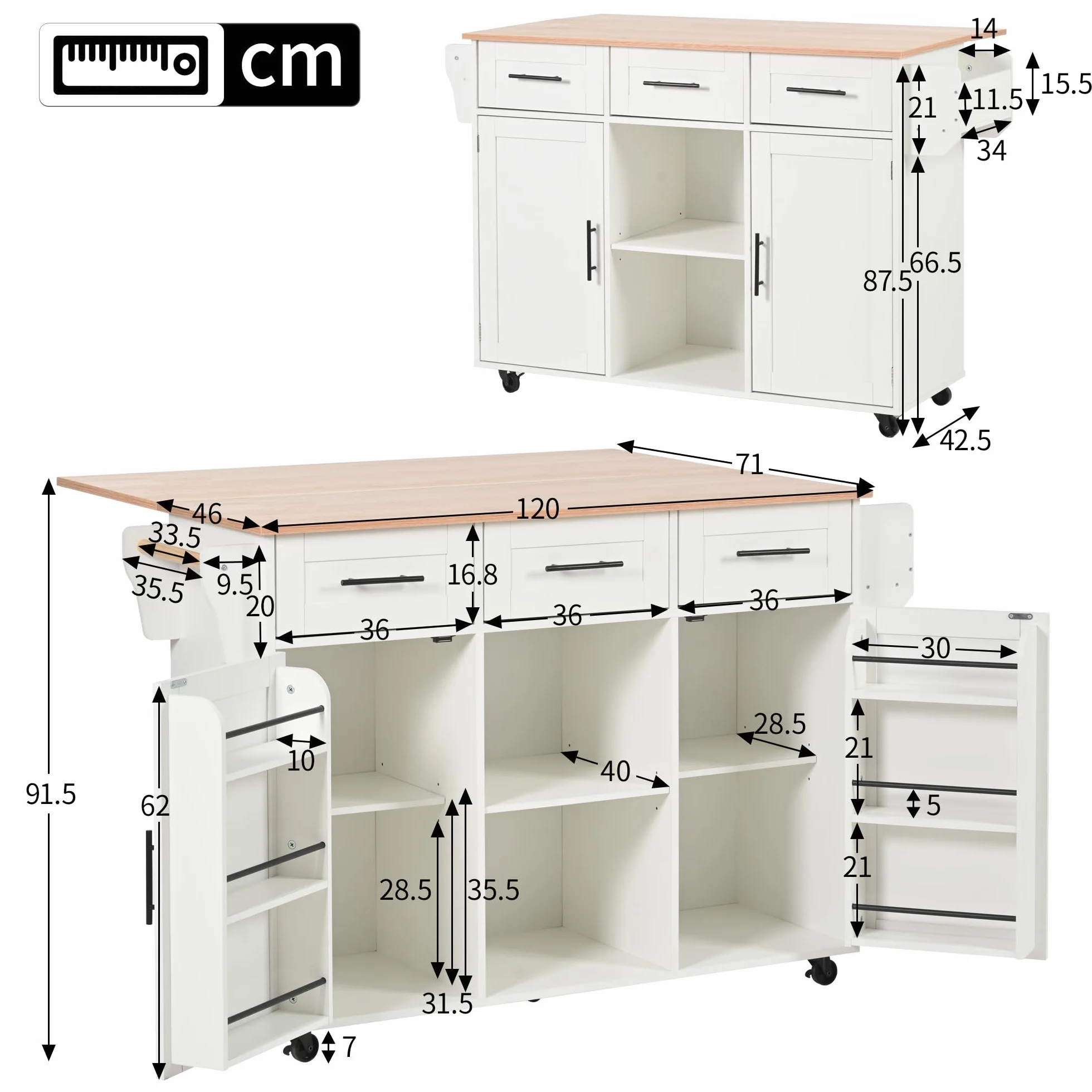 LAKFEW Isla Cocina con 5 Ruedas y Mesa Plegable, Aparador Cocina con 2 Puertas y 3 Cajones, Mueble Auxiliar de Cocina Isla de Cocina con Estantes Ajustables y Toallero, 139x46(71) x91.5 cm, Blanco