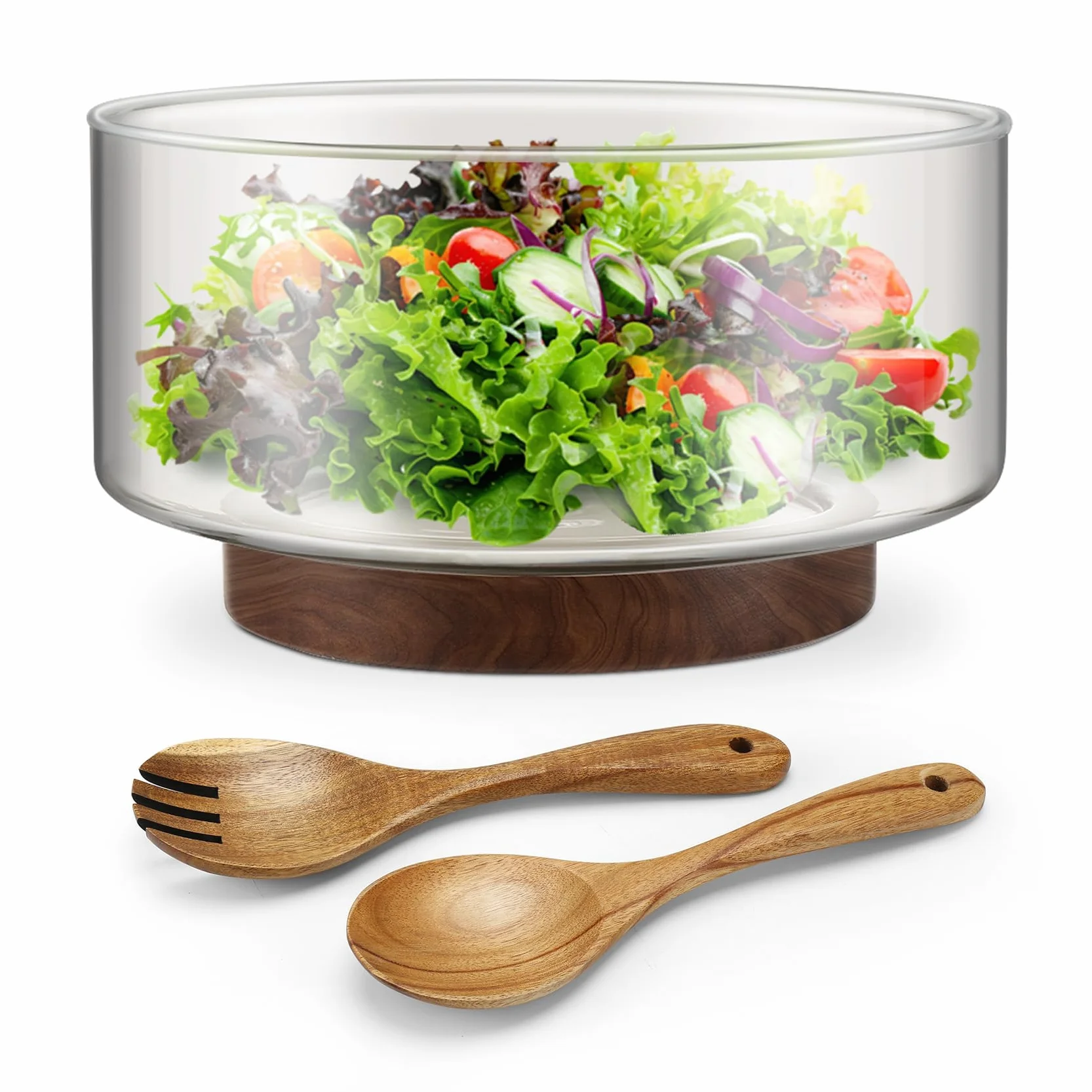 Cuenco grande de cristal de 3700 ml con pinzas de ensalada de madera, diseño de estabilidad mejorada, cuenco versátil para ensaladas, frutas, ideal para reuniones y comidas familiares diarias
