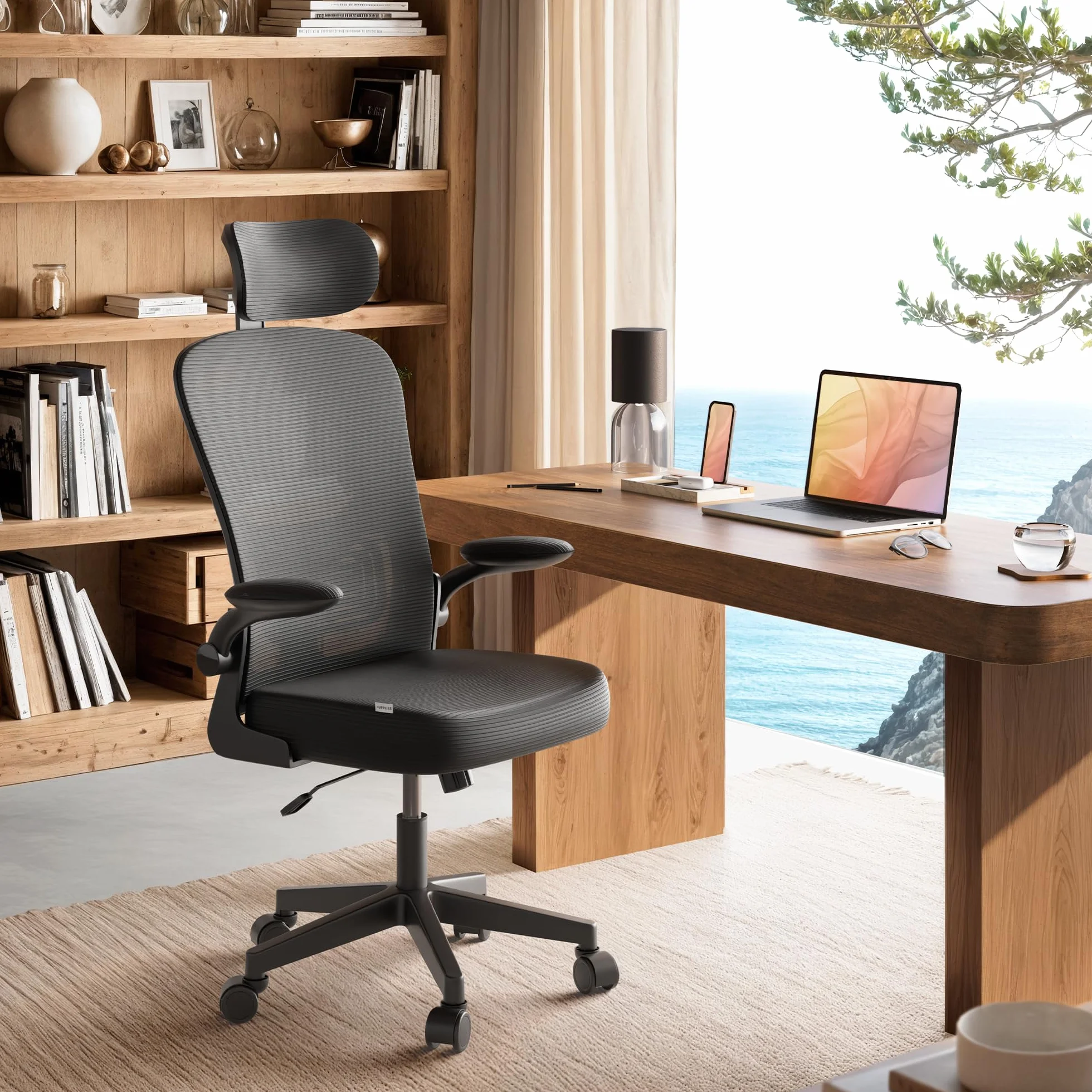 Silla Escritorio Ergonómica Ajustable Reclinable con Soporte Lumbar, Reposacabezas, Reposabrazos Plegables, Malla Transpirable, Ruedas 360°, 120 kg