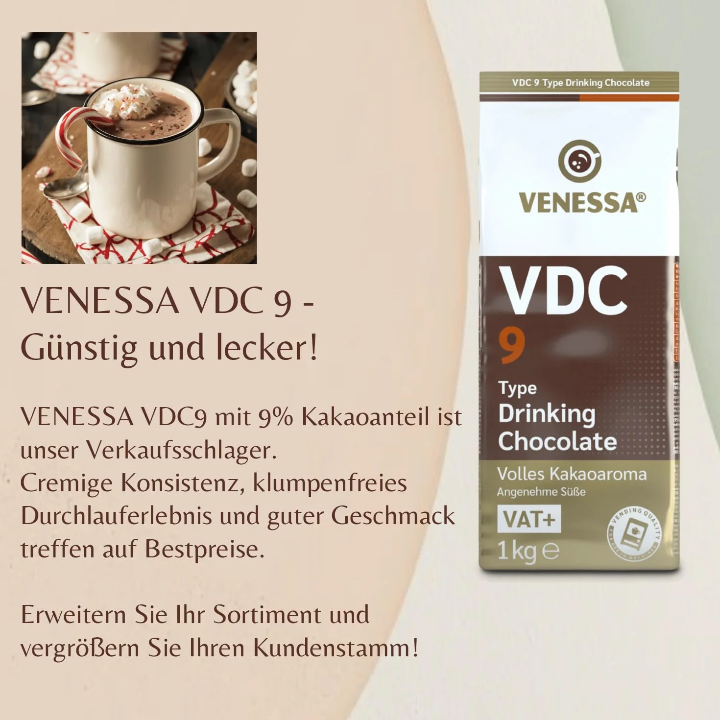 VENESSA VDC9 Chocolate para beber 2 x 1 kg Cacao en polvo 9% cacao premium Máquina expendedora