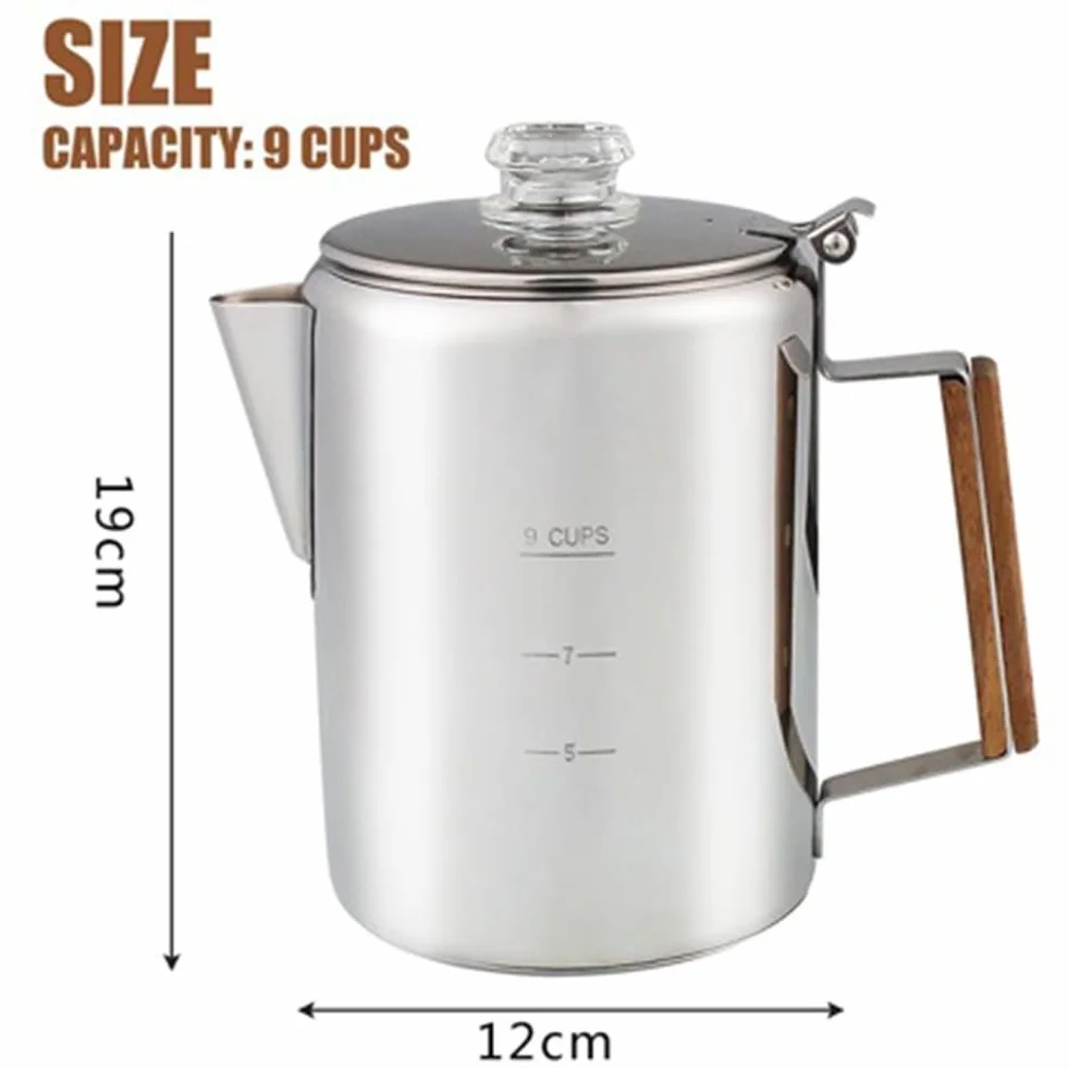 Percolador de café de acero inoxidable 9 tazas para fogata, camping con mango de madera compatible con inducción