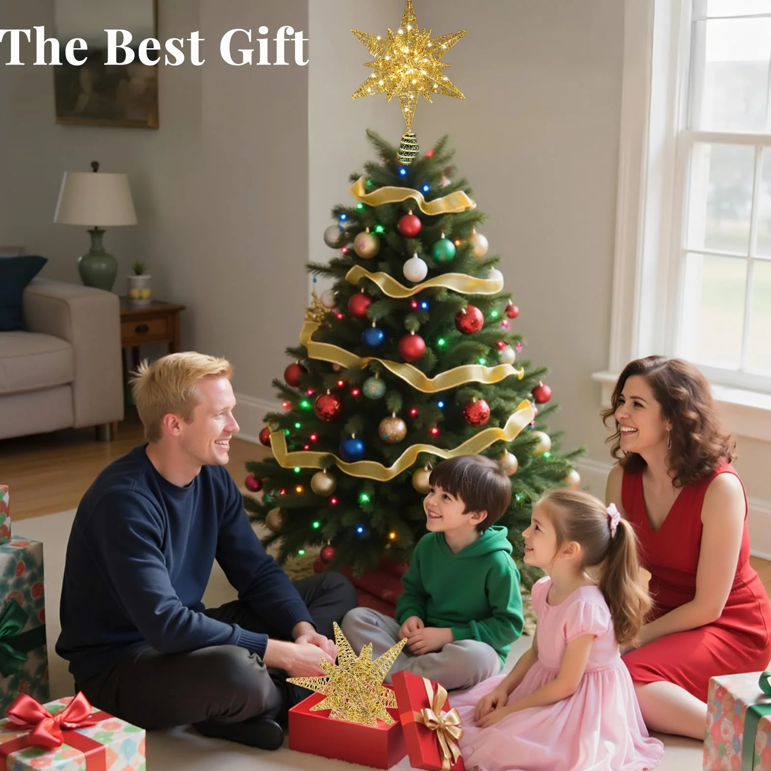 Lewondr Estrella para Copa del Árbol, 28CM Adorno para Árbol de Navidad con 8 Modos de Luces por USB con Mando a Distancia & Temporizador, Gran Topper Árbol Decoración Navideña del Hogar, Oro