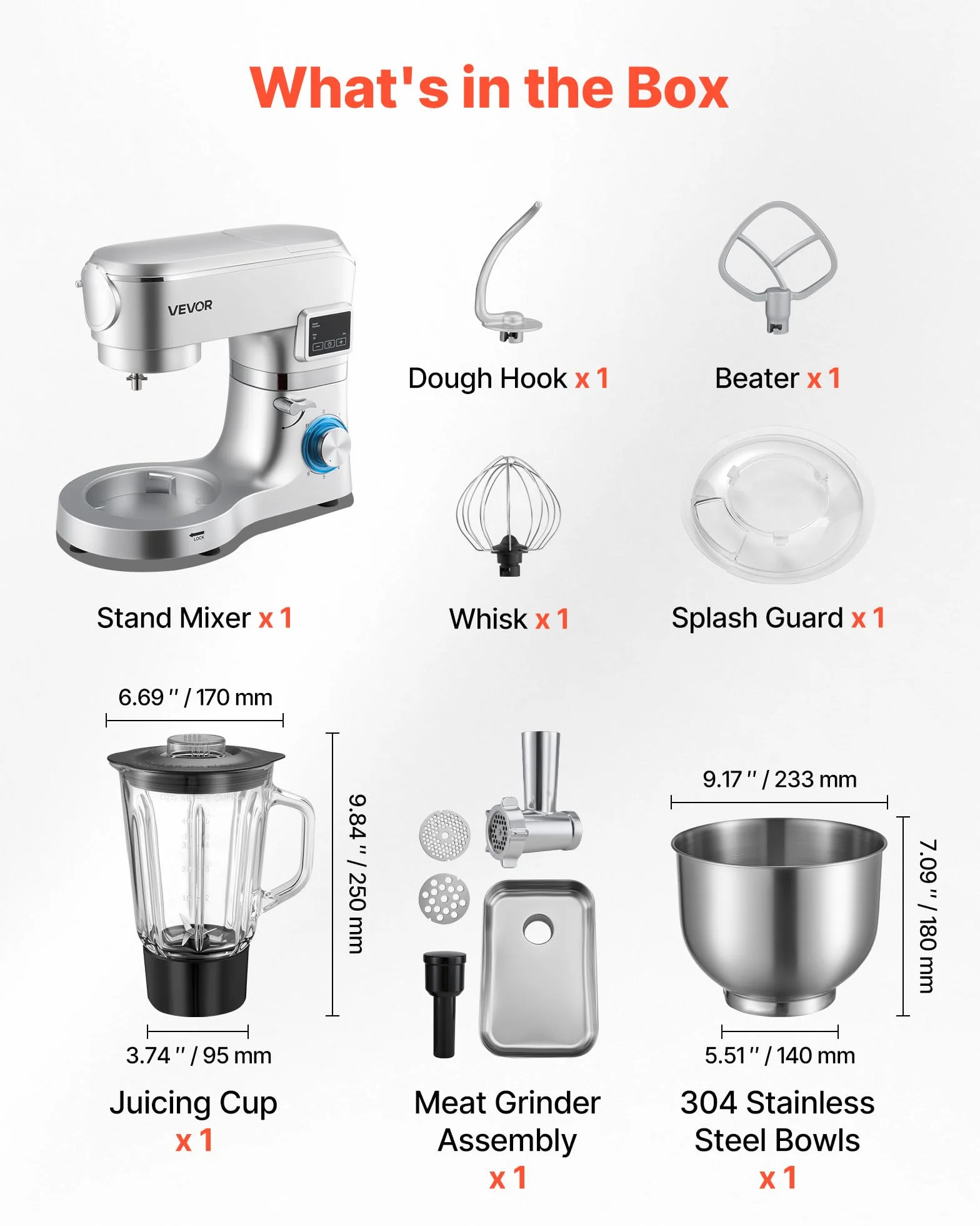 VEVOR Procesador de Alimentos Eléctrico Multifuncional de 1500 W, con Bol de Acero Inoxidable 5,7 L y Bol para Mezclar 1,5 L, 6 Velocidades + P, Gancho para Amasar, Batidor de Varillas y el Plano