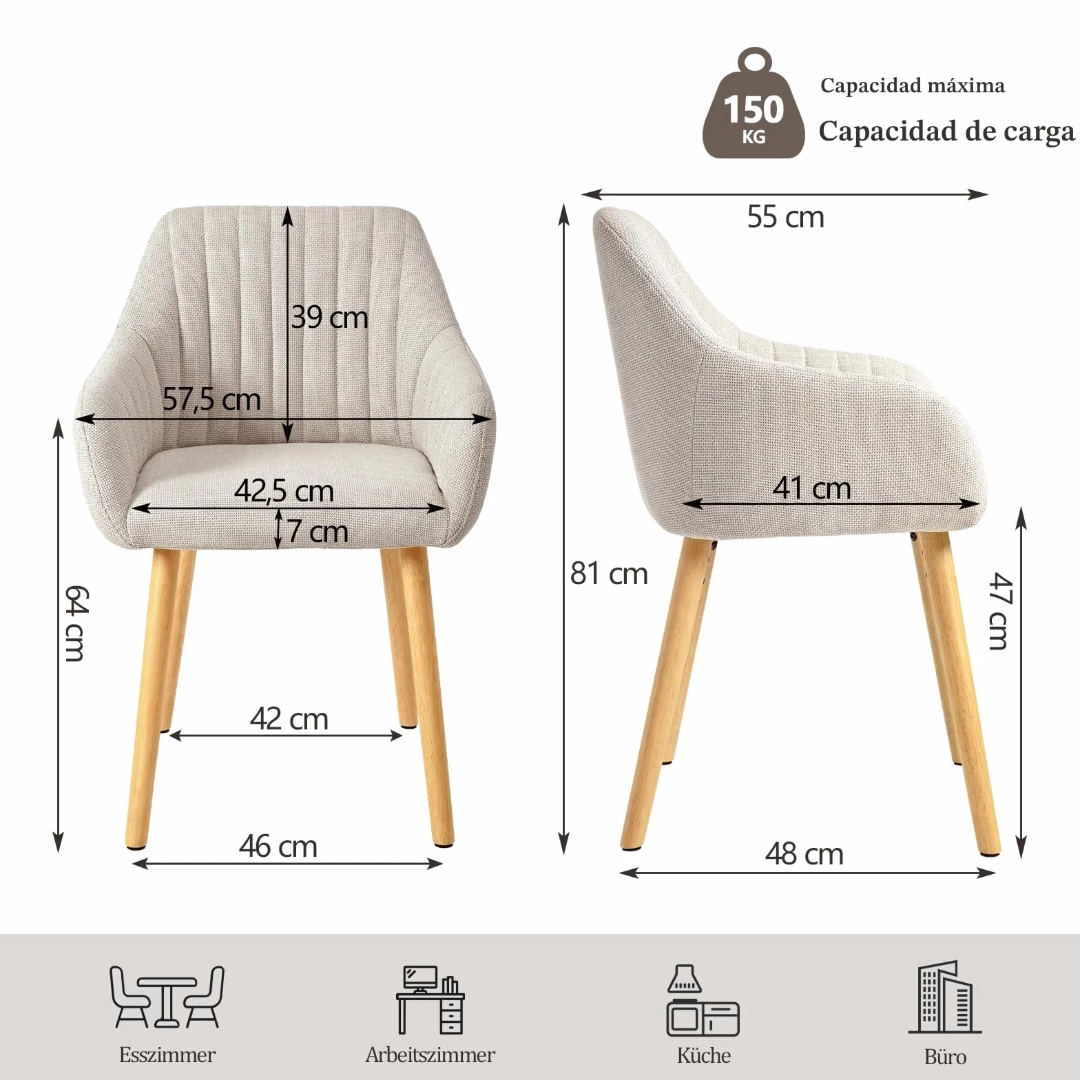 Juego de 4 sillas de Comedor Beige con reposabrazos de Lino, sillas de Comedor, Silla de salón, Silla de Cocina
