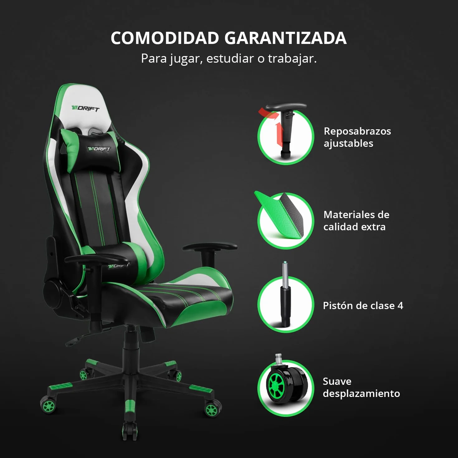 DRIFT GAMING DR175 - Silla Gaming Profesional, polipiel, reposabrazos ajustables 2D, pistón clase 4, giratoria, mecanismo de mariposa, cojín lumbar y cervical, color negro/blanco/verde