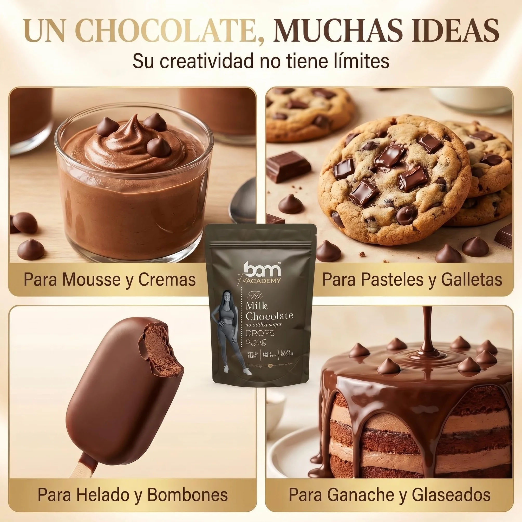 BAM Pepitas de Chocolate con Leche sin Azúcar Añadido 250 g Chocolate para Fundir 31.5% Cacao