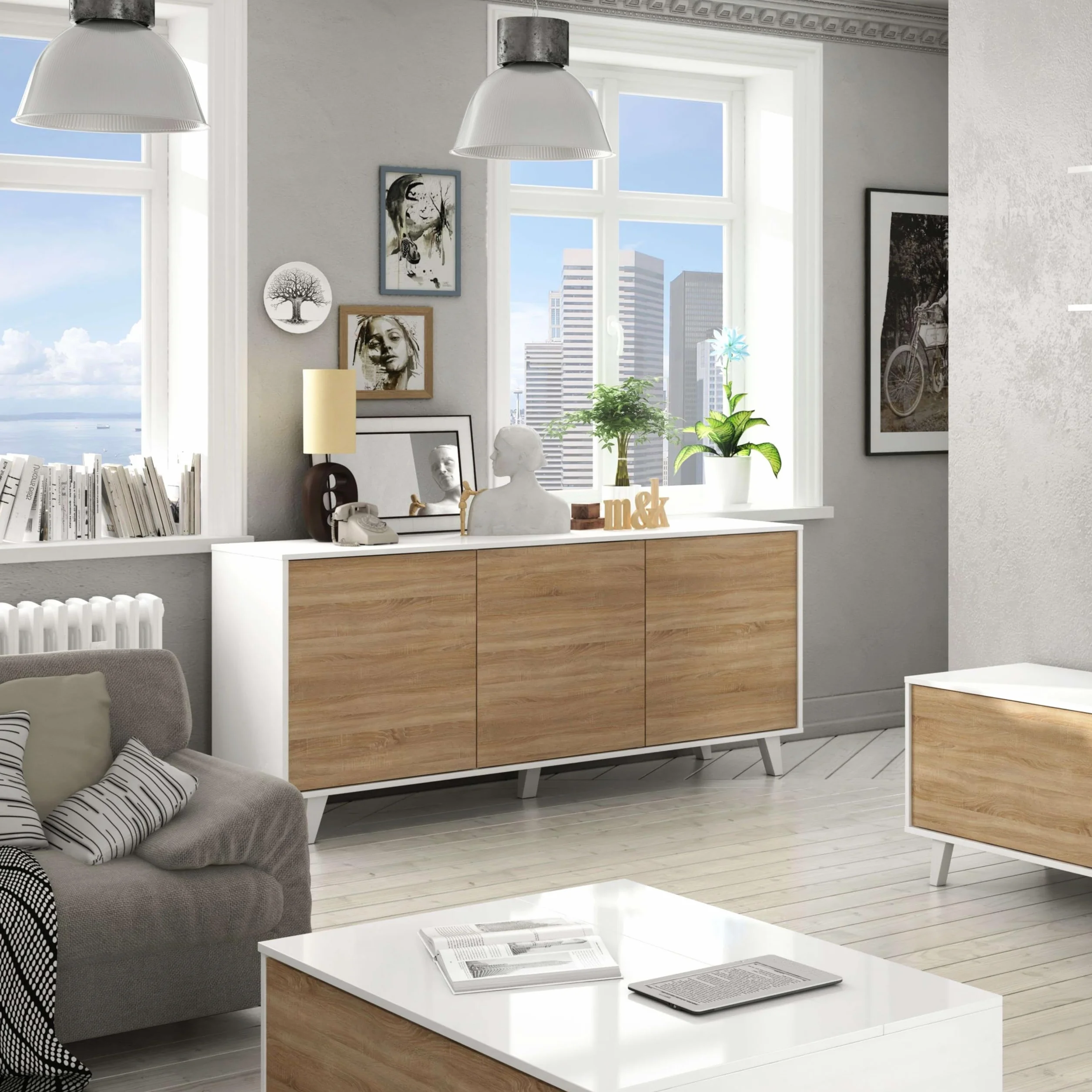 Habitdesign – Aparador Buffet 3 Puertas para Salón o Comedor, Aparador con Patas, Color Blanco Brillo y Roble Canadian, 154x41x75 cm - Zaiken Plus