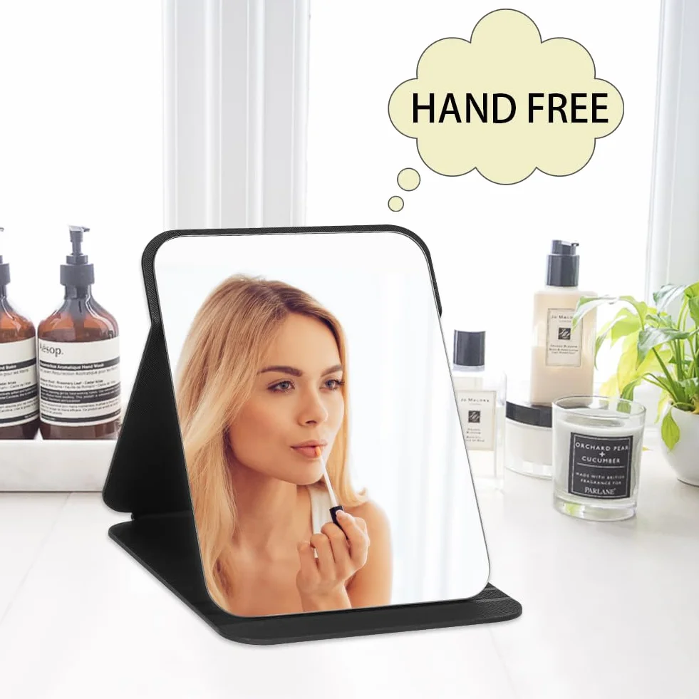 OSDUE Espejo Plegable de Maquillaje de Viaje Portátil de Cuero PU con Soporte Ajustable, Negro Grande y Extra Grande