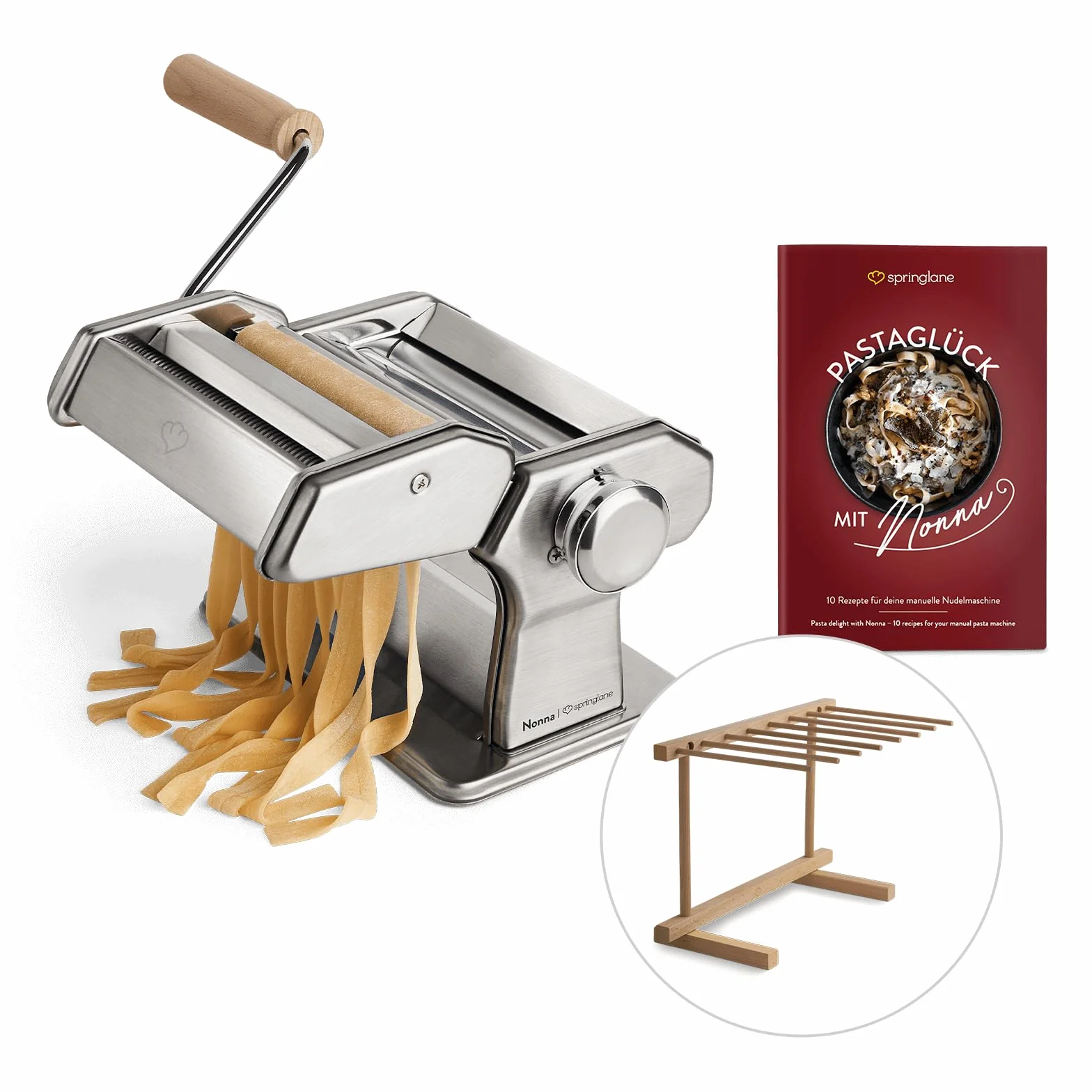 SPRINGLANE Máquina de fideos manual Nonna, Acero inoxidable, Máquina para hacer pasta, incluye secador de pasta y 3 accesorios para cortar espaguetis, lasaña, tallarines - plateado