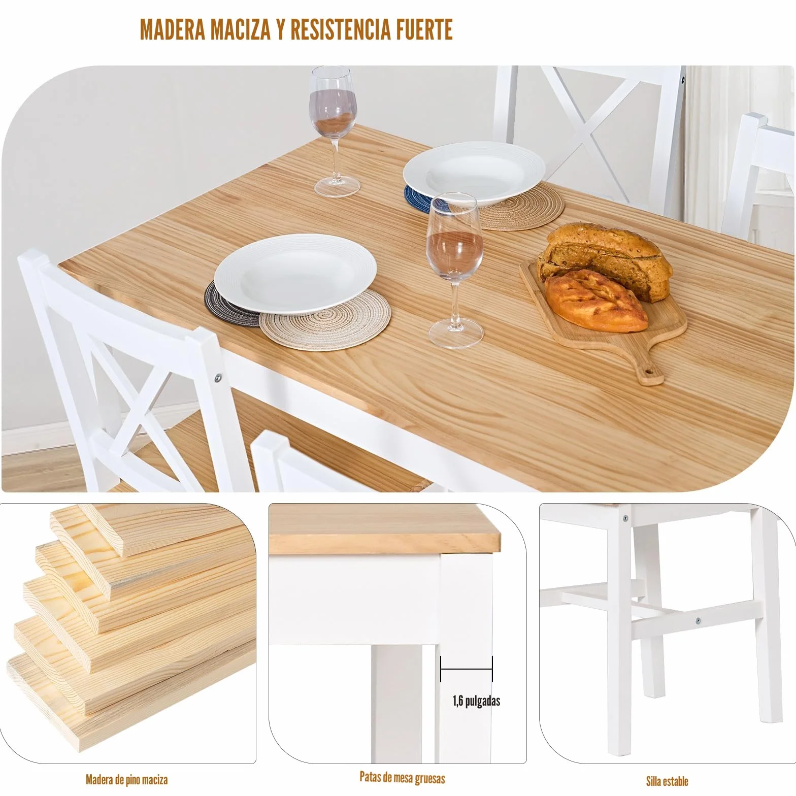 sogesfurniture Juego de comedor de 5 piezas, con mesa de comedor, 108 x 65 x 73 cm, y 4 sillas, rectangular, para salón, comedor, color blanco y teca (10QDLC)