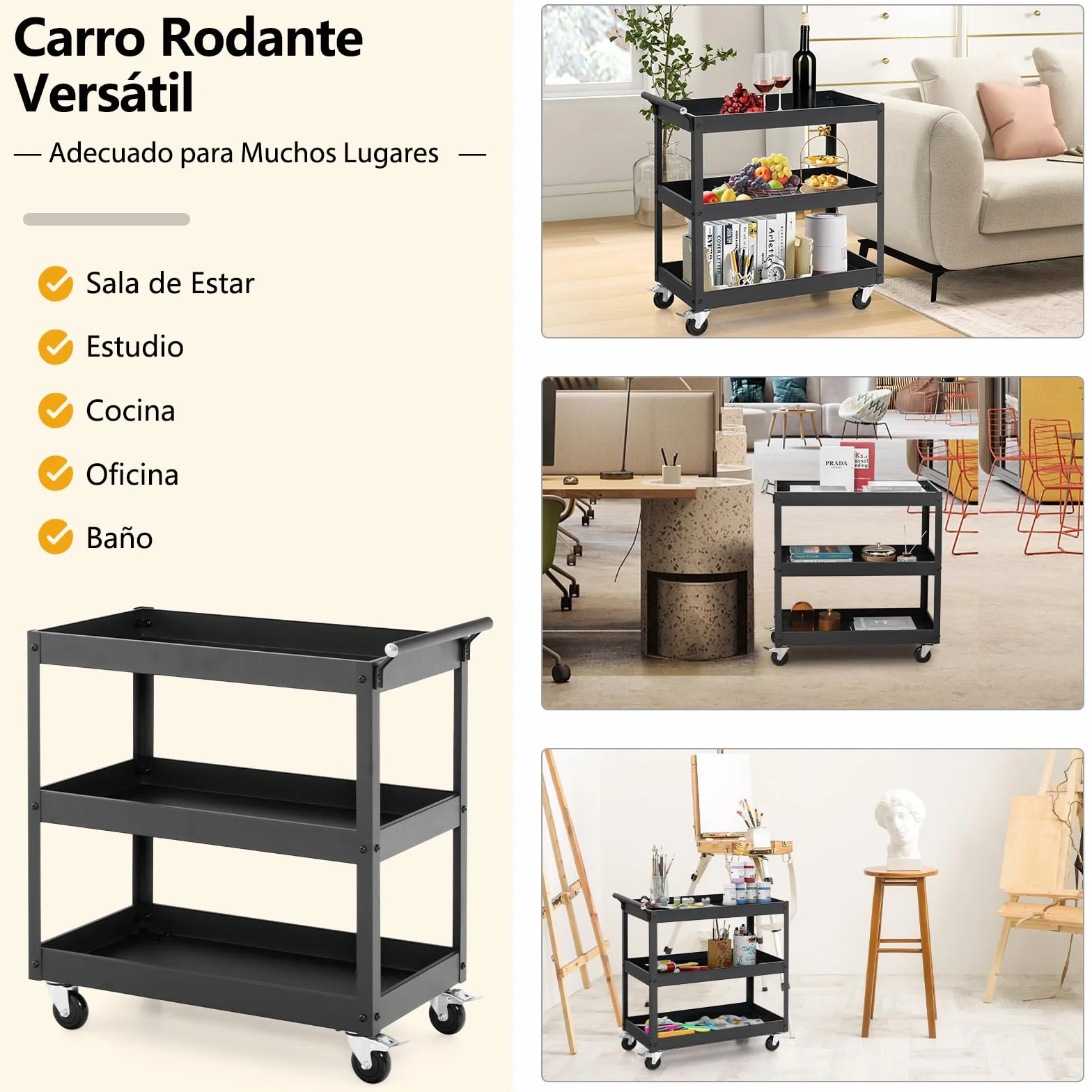 GOPLUS Carrito de Utilidad de 3 Niveles, Carro de Herramientas Organizador con 4 Ruedas Universales y Mango Lateral Toallero, Carrito de Servicio Rodante para Garaje, Baño, Almacén, Negro (Negro)