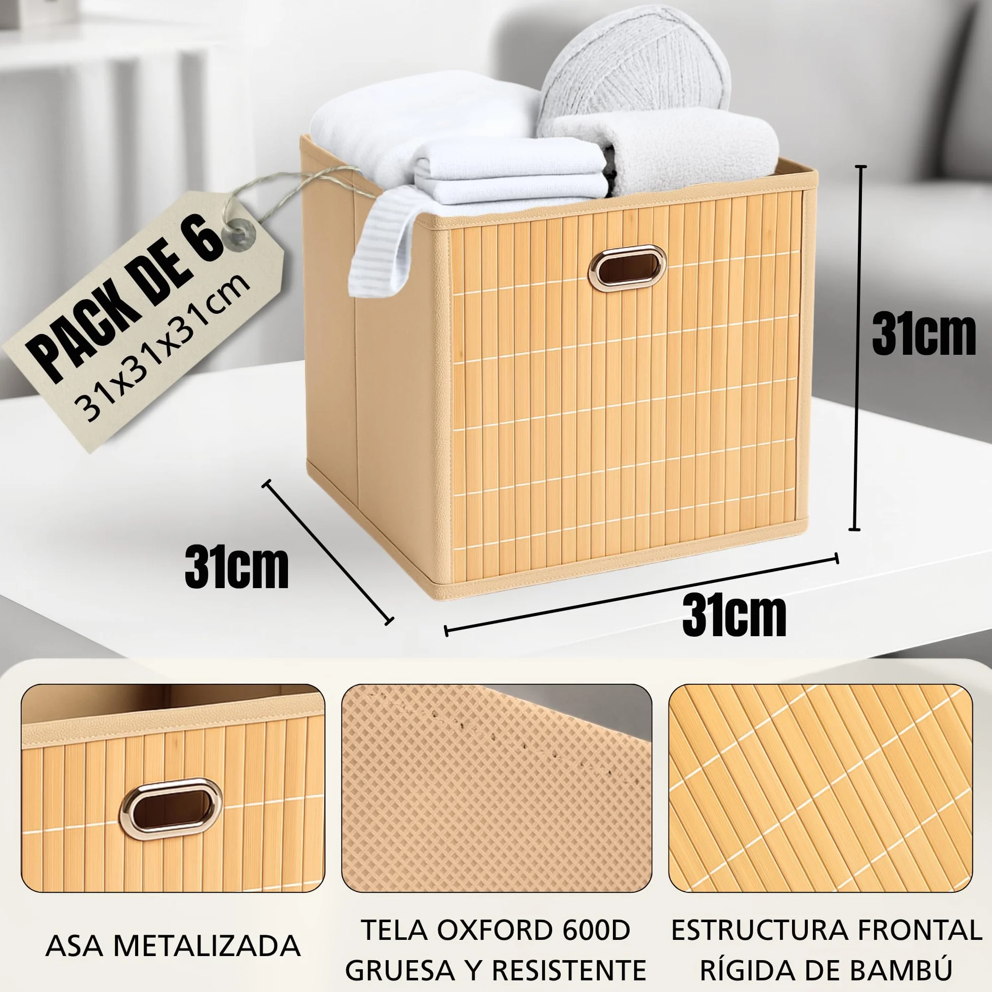 6 Cajas Almacenaje - Cestas Almacenaje - Cajas Organizadoras 31x31x31cm - Cajas Almacenaje Decorativas Hechas En Bamboo Y Tela - Cestas Organizadoras - (BEIGE, 31x31x31 cm)