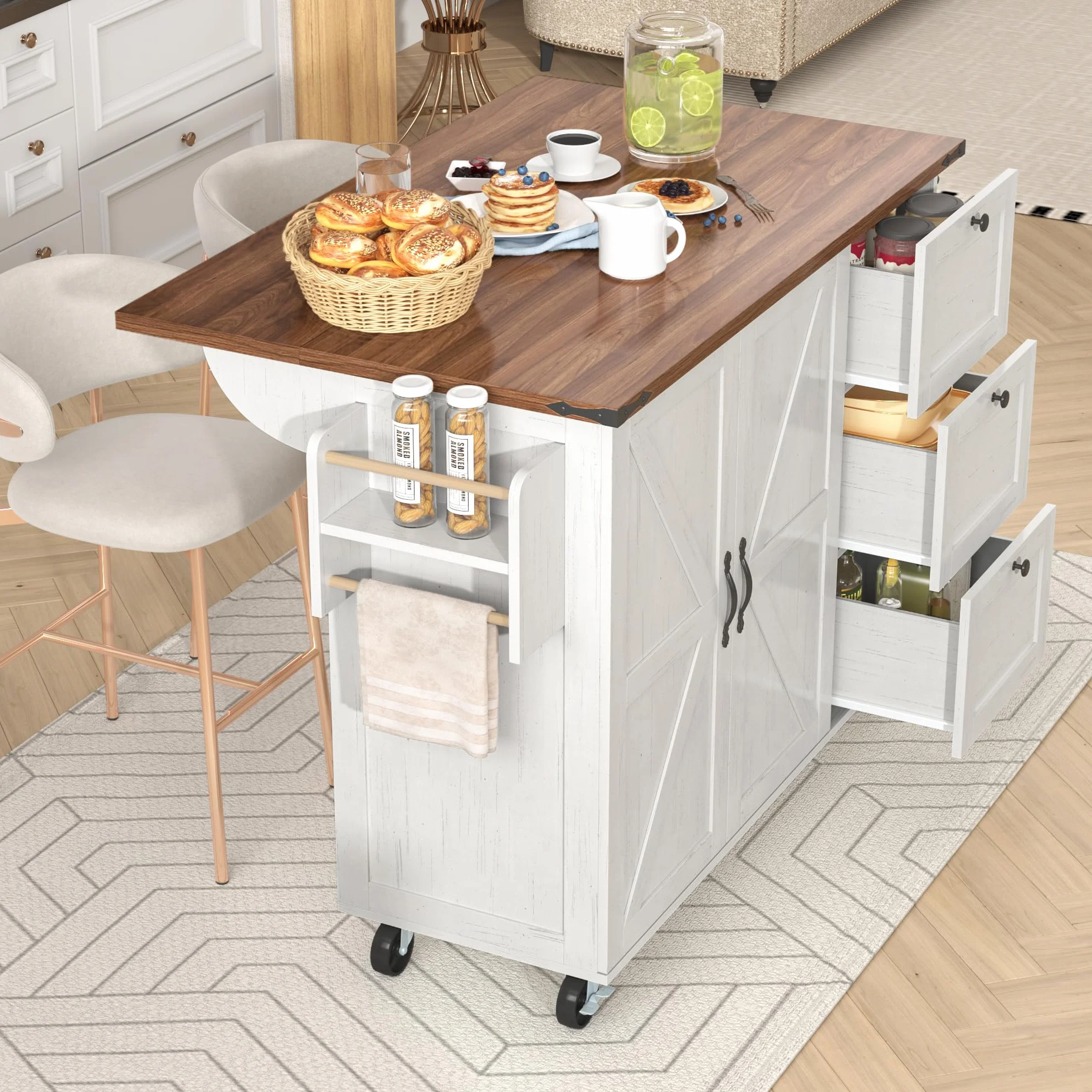 LAKFEW Isla Cocina con Ruedas y Tablero Plegable, Aparador Cocina con 2 Puertas y 3 Cajones, Mueble Auxiliar de Cocina con Estante Ajustable y Toalleros, 140x45(73) x92.5 cm, Beige