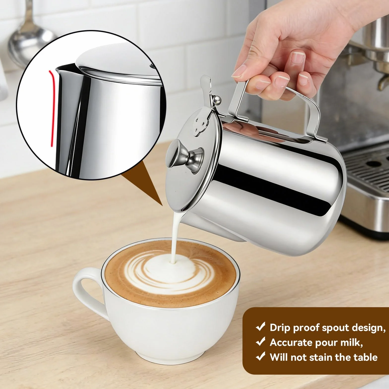 Jarra de leche con tapa, 600 ml/1000 ml, jarra de leche de acero inoxidable, jarra de espuma de leche con mango para café con leche, número de referencia (600 ml)